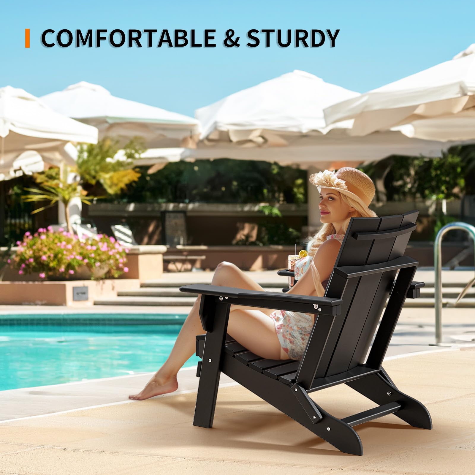 Oversized Plastic Folding HDPE Adirondack Chairs with Cup Holder Black