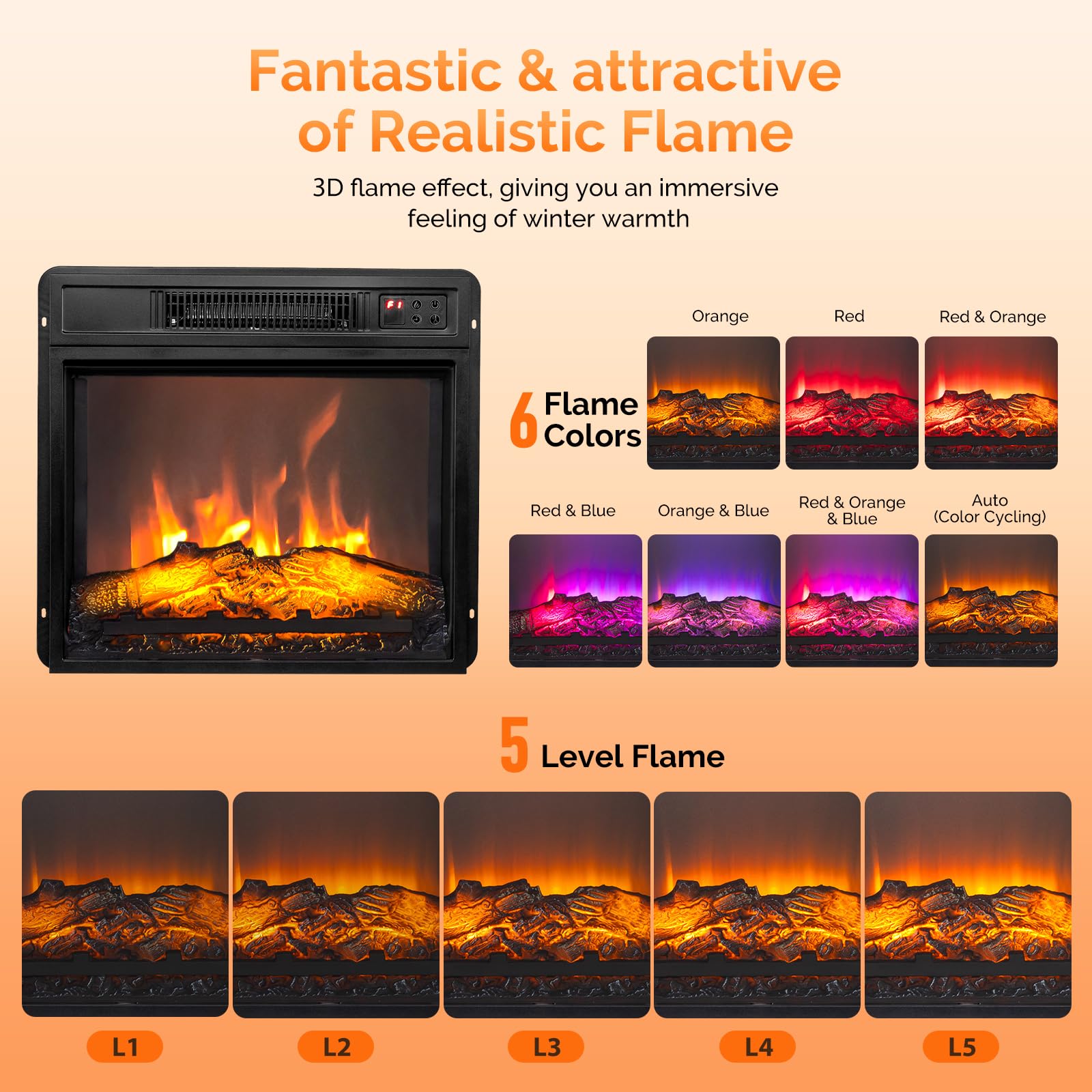 ROVSUN 18'' High 1400W 120V Electric Fireplace Inserts with APP & Remote