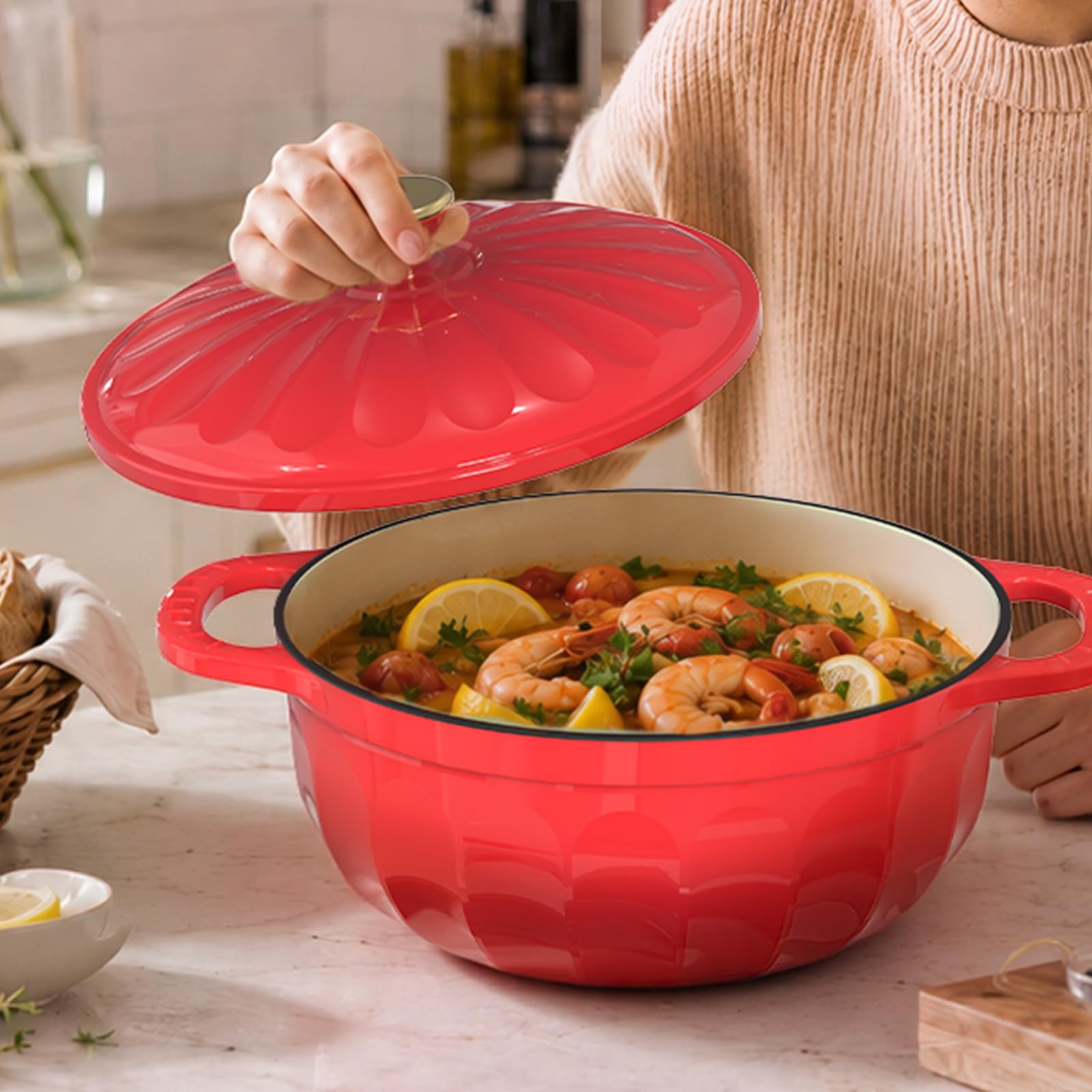 ROVSUN 5 QT Enameled Cast Iron Round Dutch Oven Red Gradient