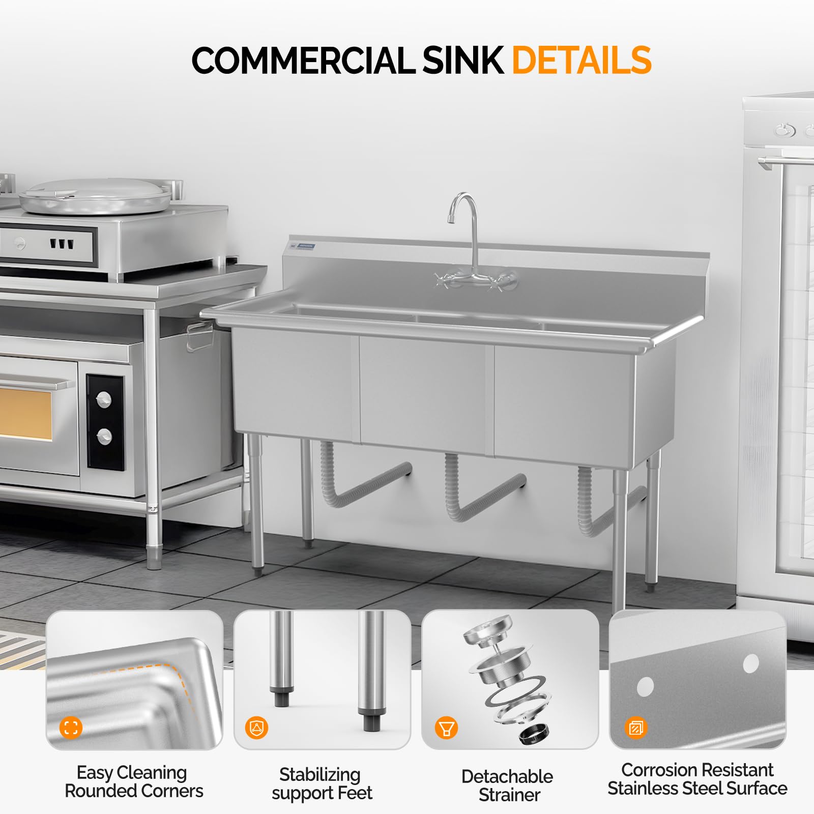 ROVSUN 60" x 24" 3 Compartment 304 Stainless Steel Sink with Backsplash