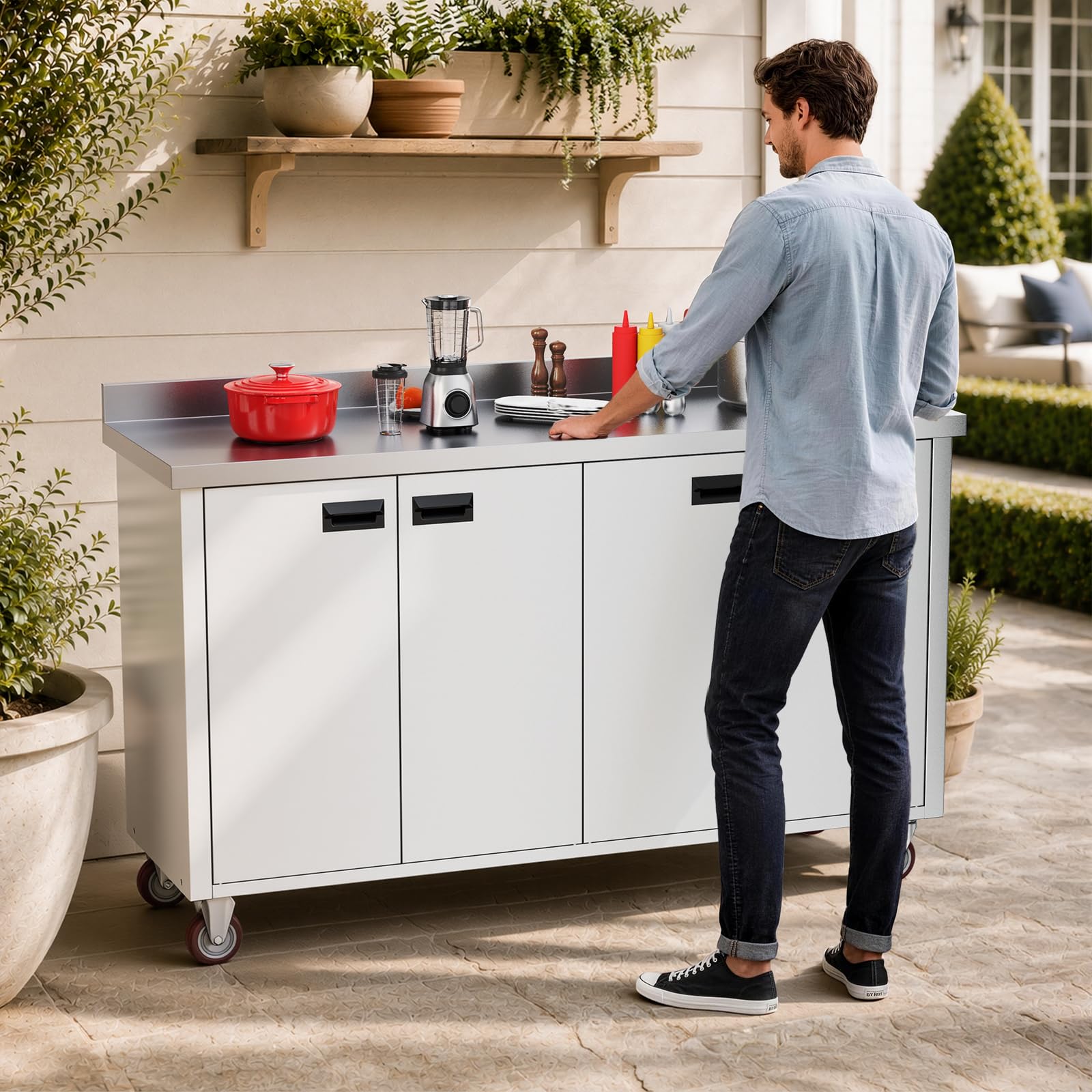 ROVSUN 59" x 19" Stainless Steel Table with Cabinet & Wheels