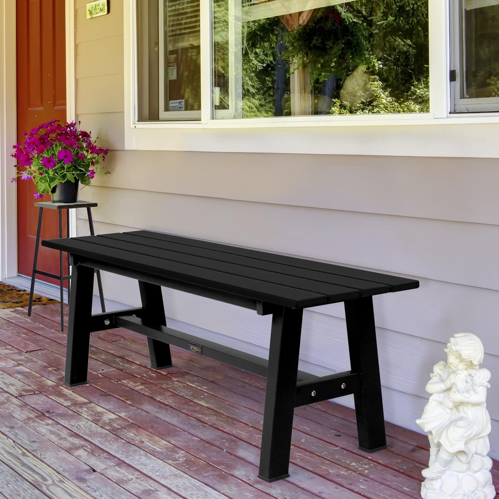 47" HDPE Outdoor Bench with Metal Legs Black