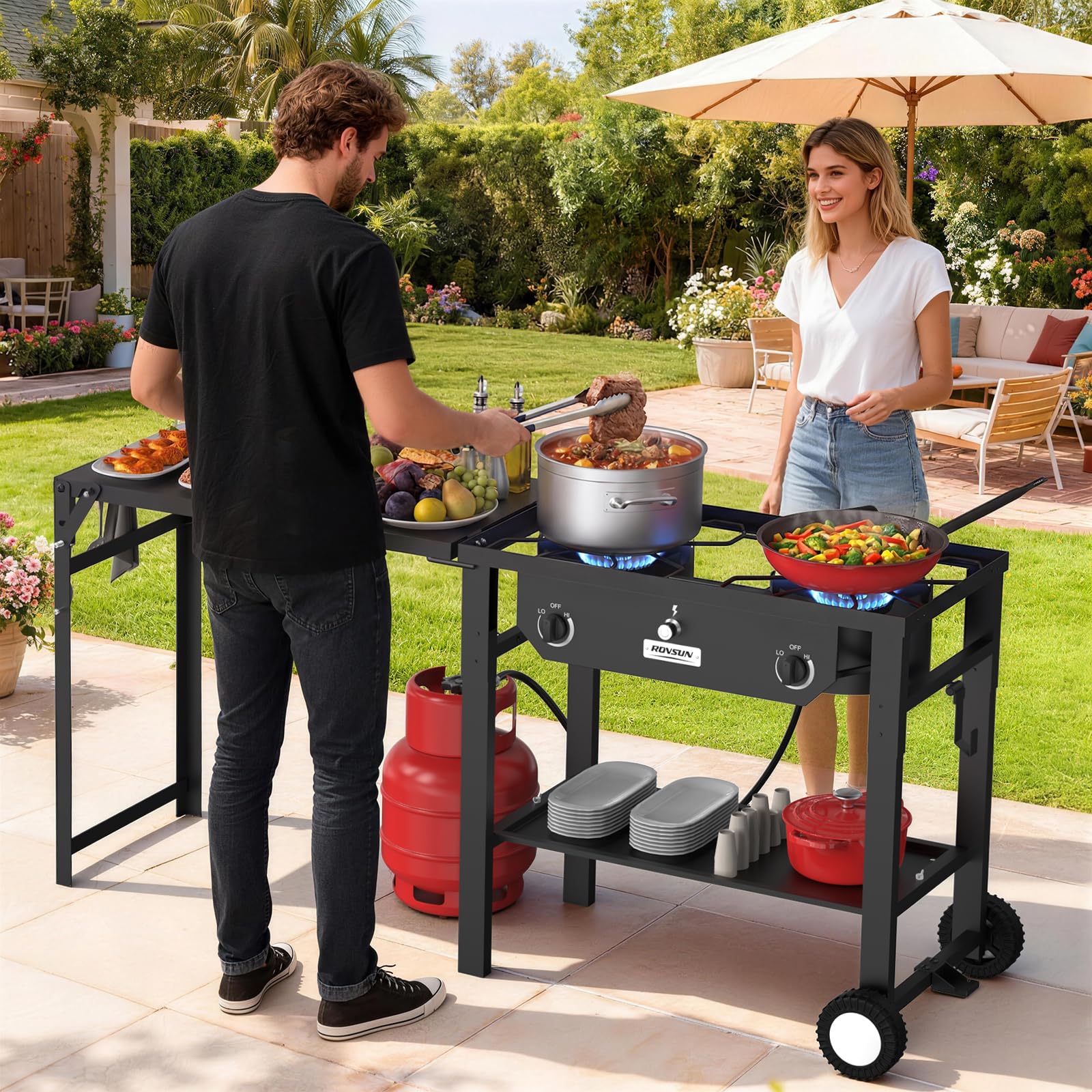 ROVSUN 2-Burner 150000 BTU Outdoor Camping Propane Stove with Foldable Work Station