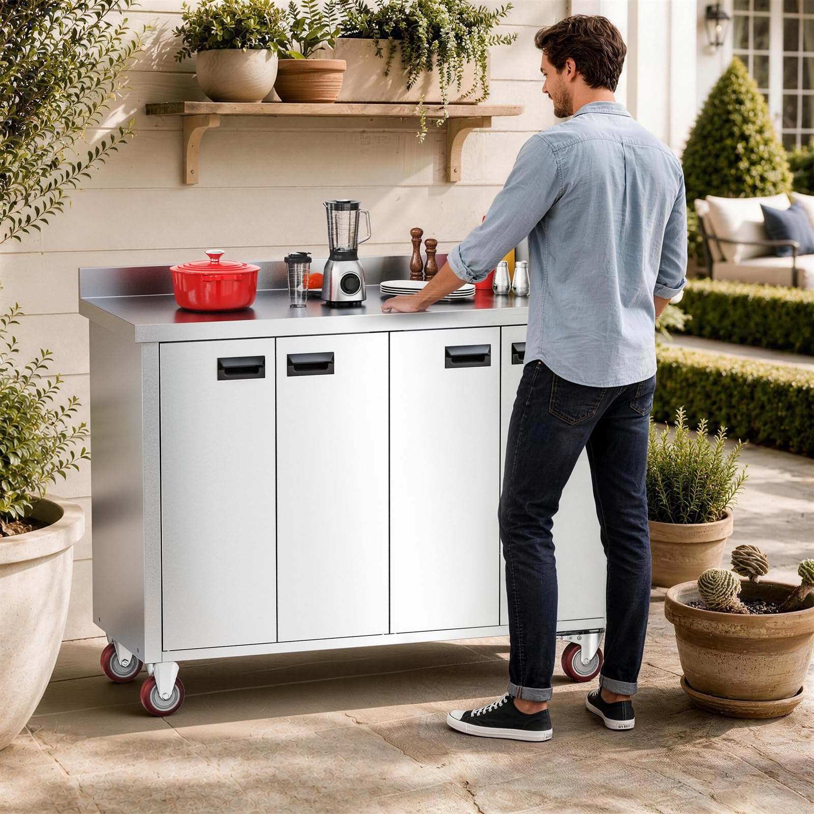 ROVSUN 47" x 19" Stainless Steel Table with Cabinet & Wheels