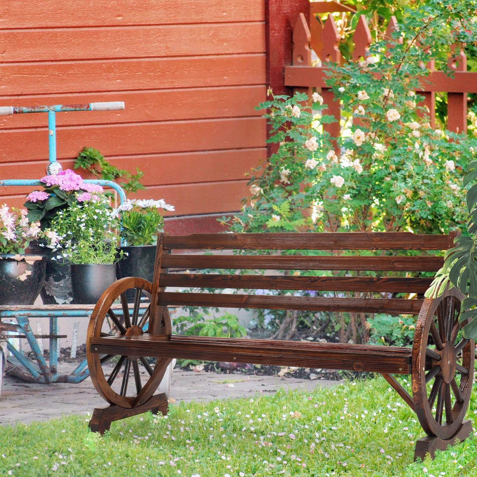 55" Outdoor Bench with Rustic Wooden Wheel