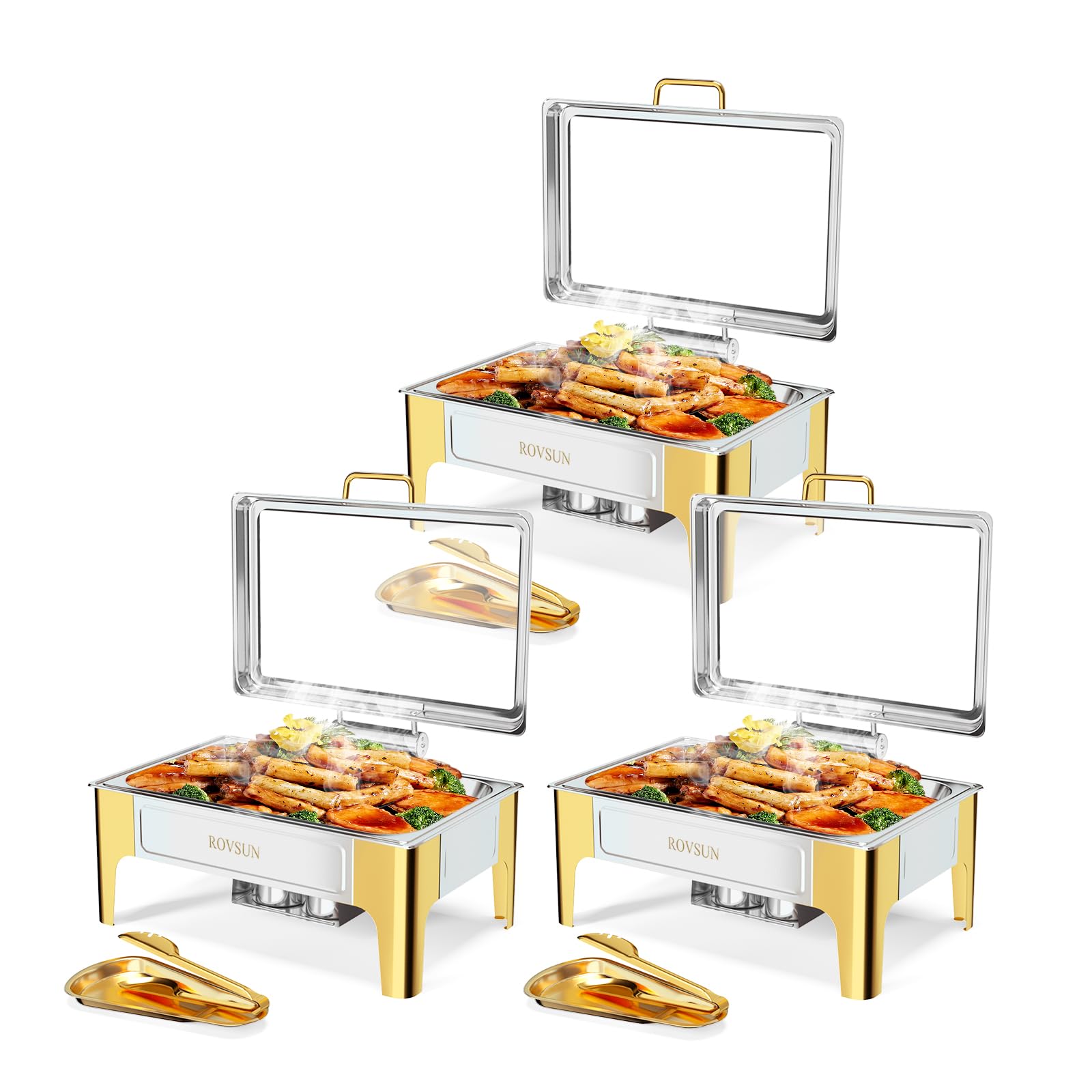 ROVSUN 9 QT Rectangular Silver-Gold Chafing Dish Buffet Set with Serving Tong