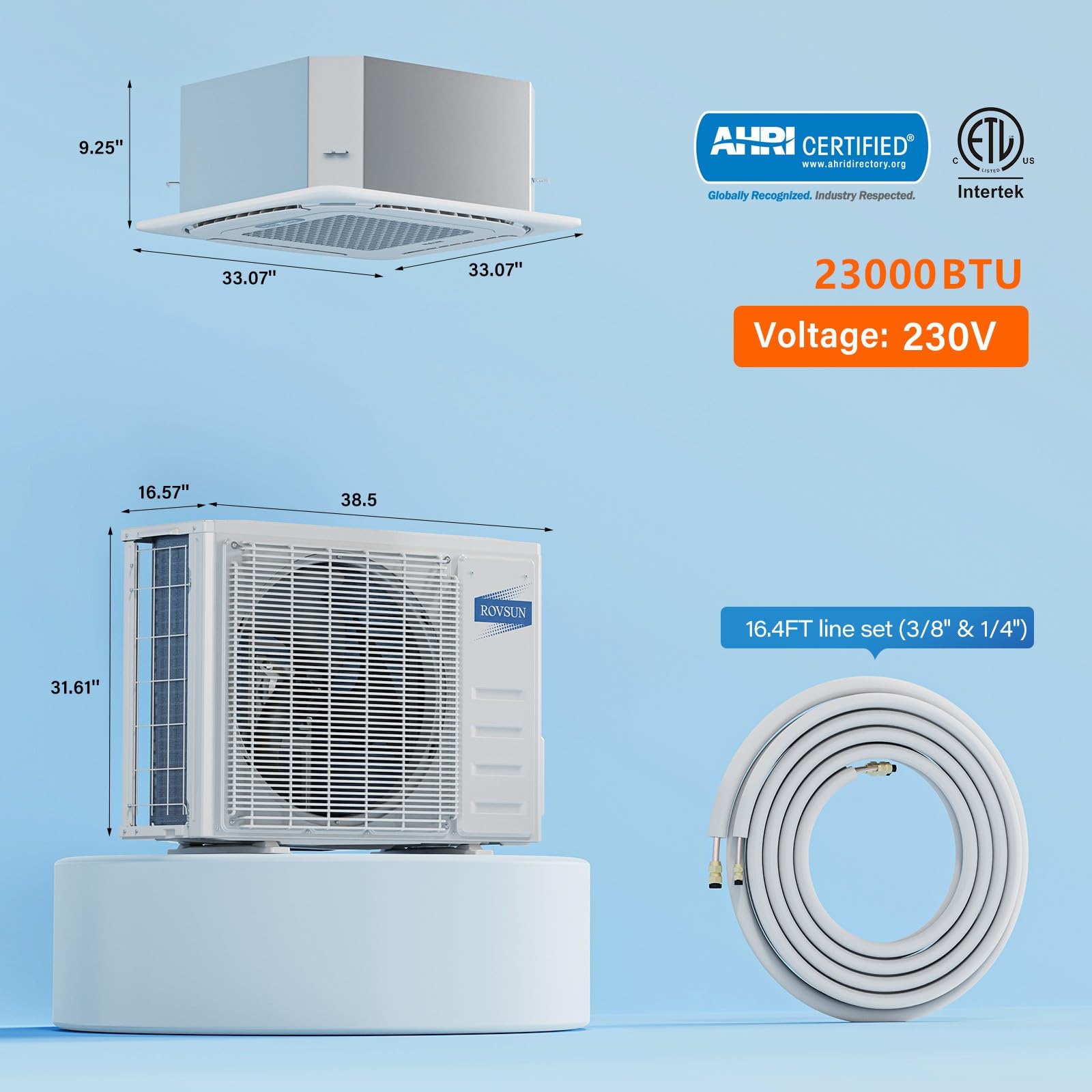 ROVSUN 23,000 BTU 23 SEER2 230V Ceiling Cassette Mini Split with Heat Pump & Install Kit