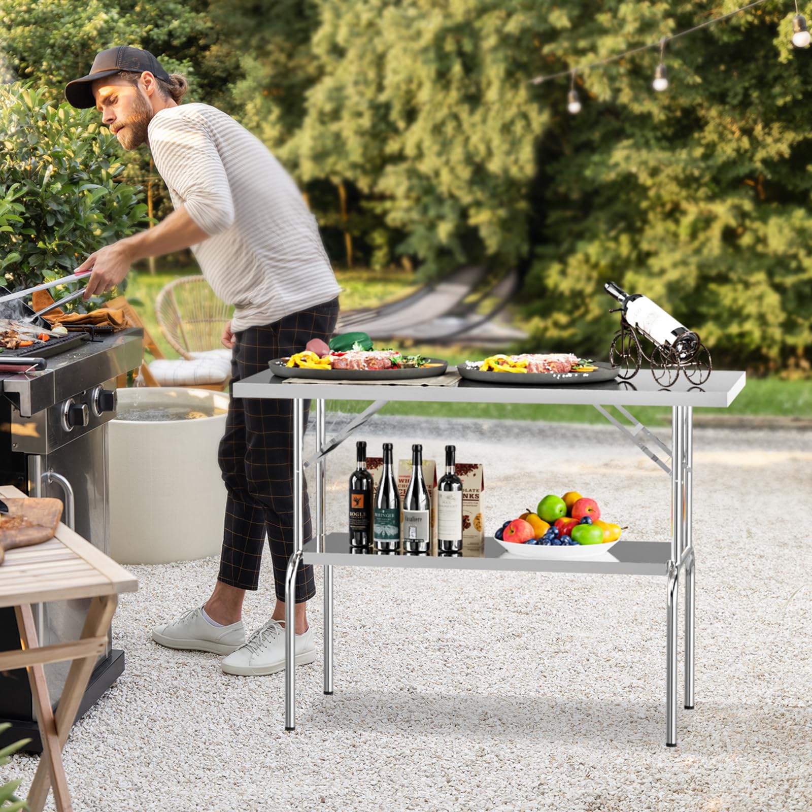 ROVSUN 48" x 24" Stainless Steel Folding Work Table with Undershelf