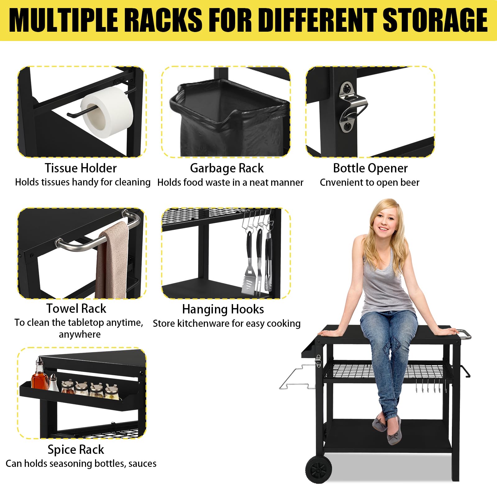 ROVSUN 44" Outdoor Grill Cart with Mesh Racks Black