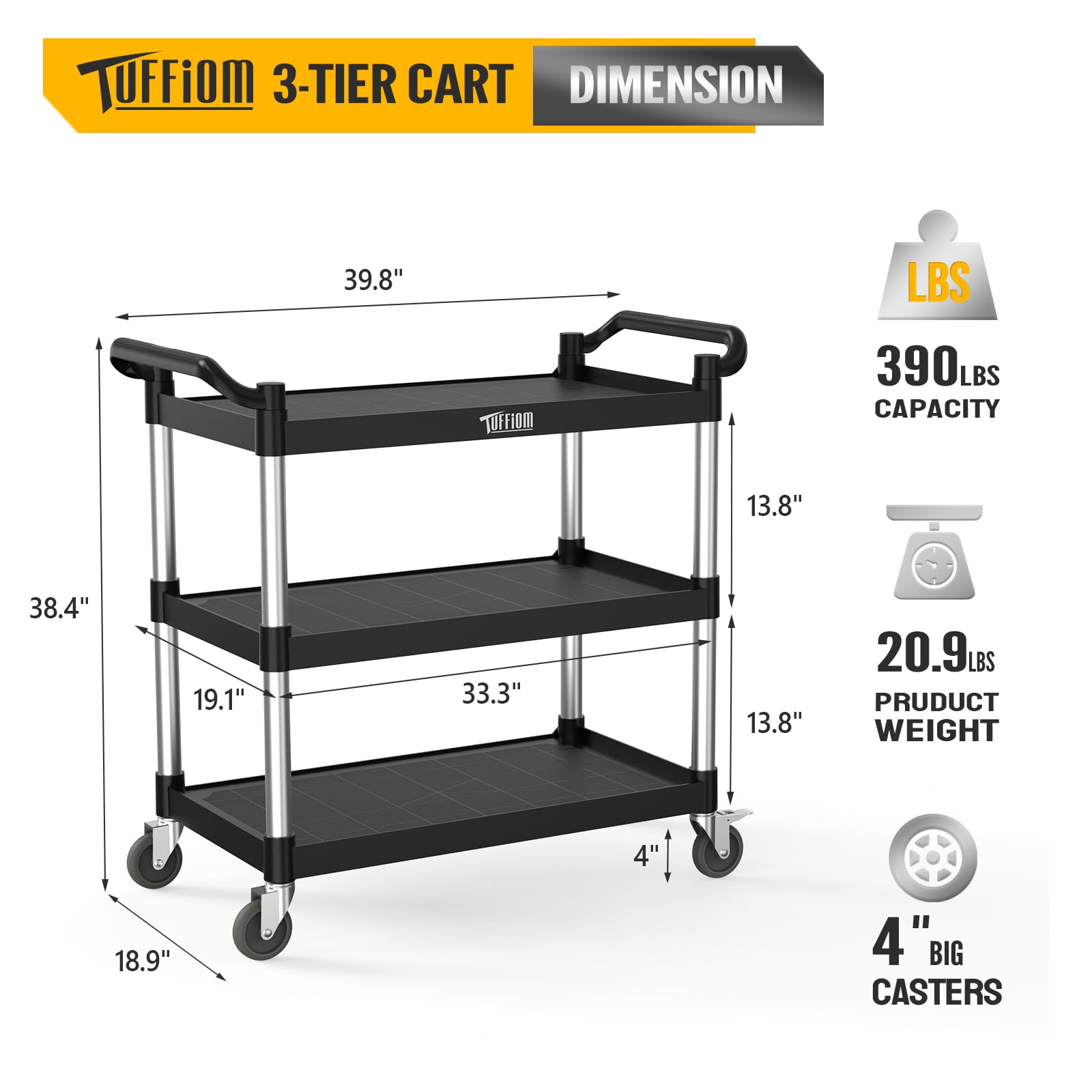 3-Tier 40" x 20" 450 lb. Capacity Plastic Utility Cart/Bussing Cart Black