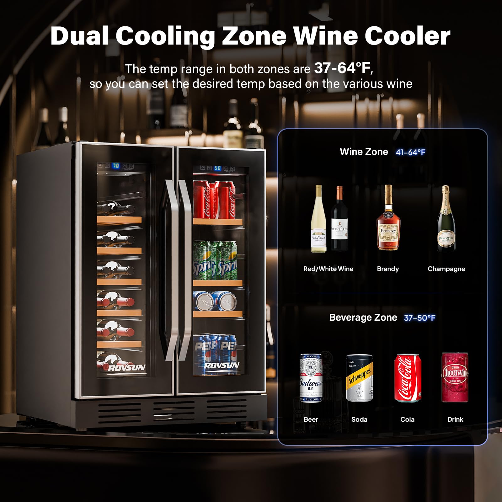 ROVSUN 34-Bottle 24" Wide Dual Zone Wine Cooler Fridge with Digital Temp Control