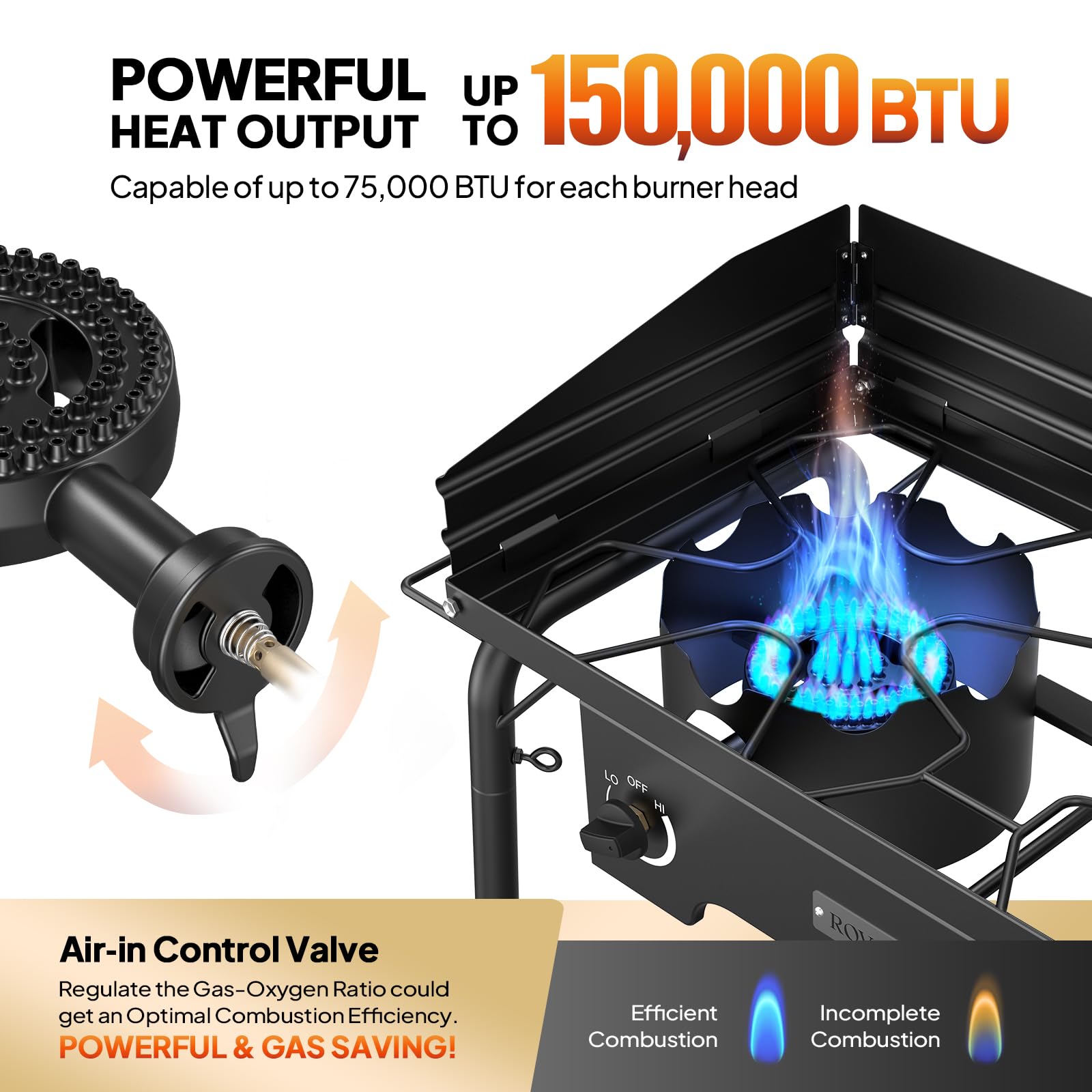ROVSUN 2-Burner 150,000 BTU Windproof Camping Propane Stove with Side Shelves & Bag