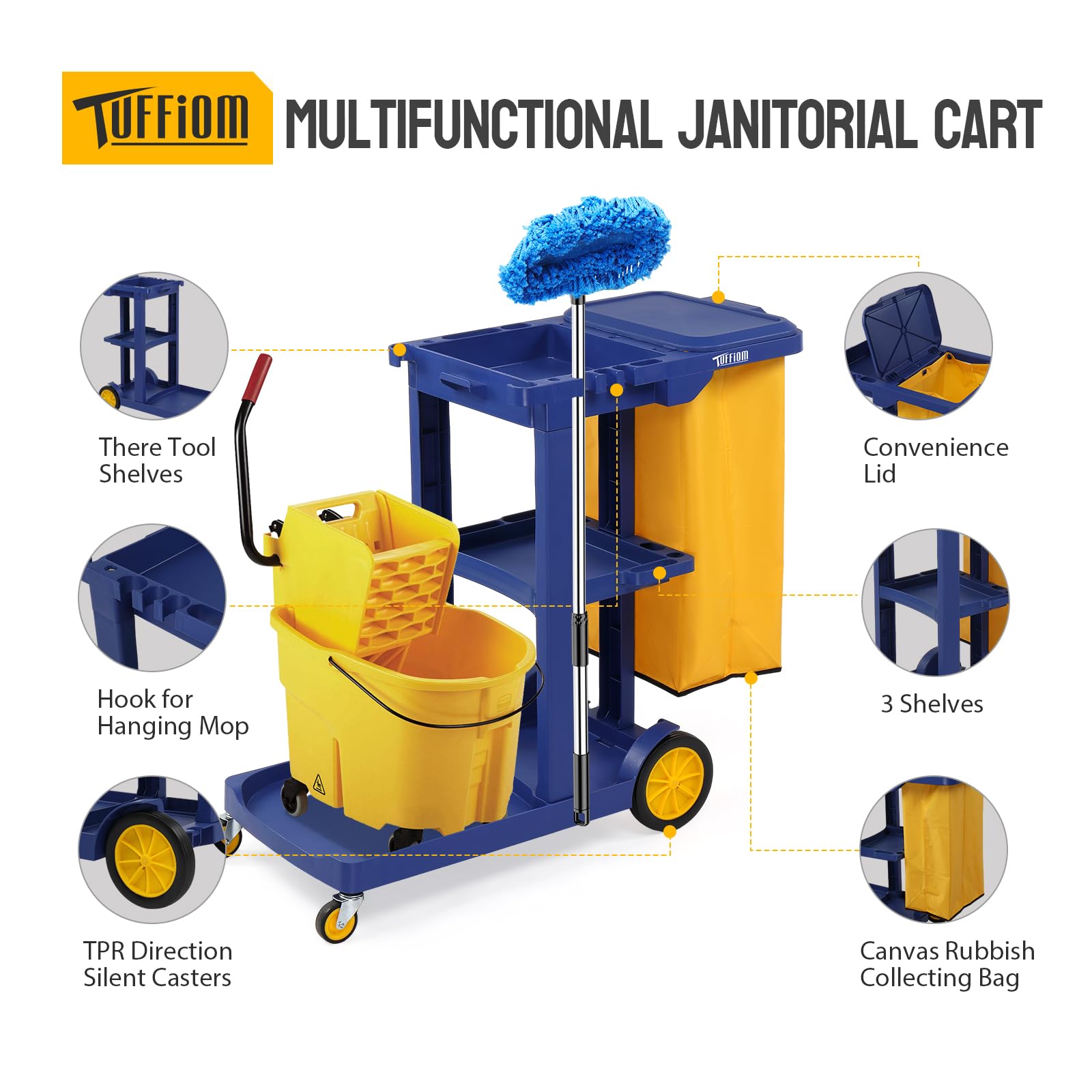 3-Tier 500 LBS Capacity Janitorial Cart with 15 Gallon Bag Blue