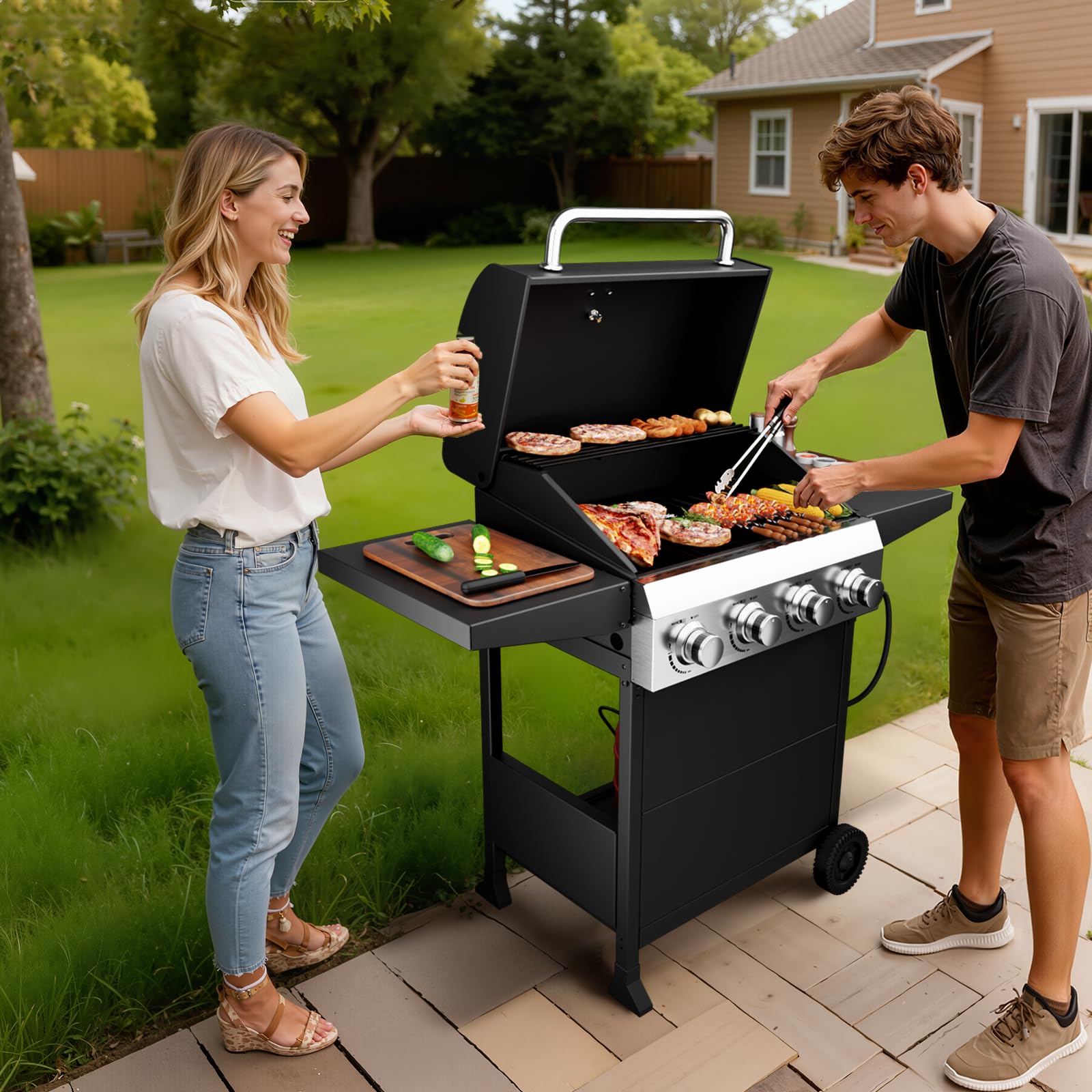 ROVSUN 4-Burner 40,000 BTU Propane Grill with Foldable Side Tables & Wheels