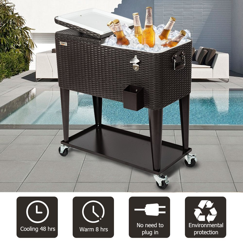 80 Quart Portable Outdoor Patio Rolling Cooler Cart Black Brown
