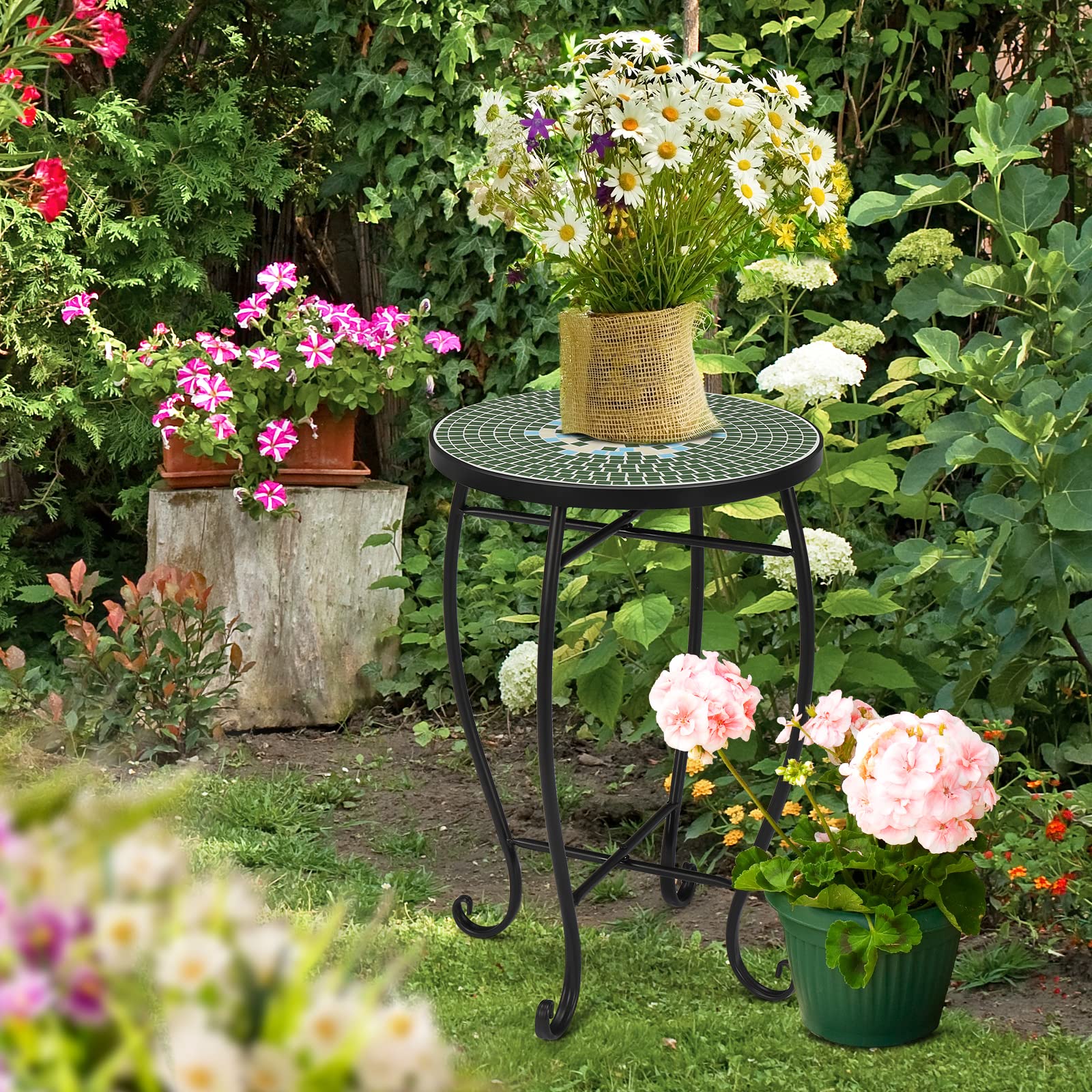 14" Round Mosaic Outdoor Side Table Green Garden