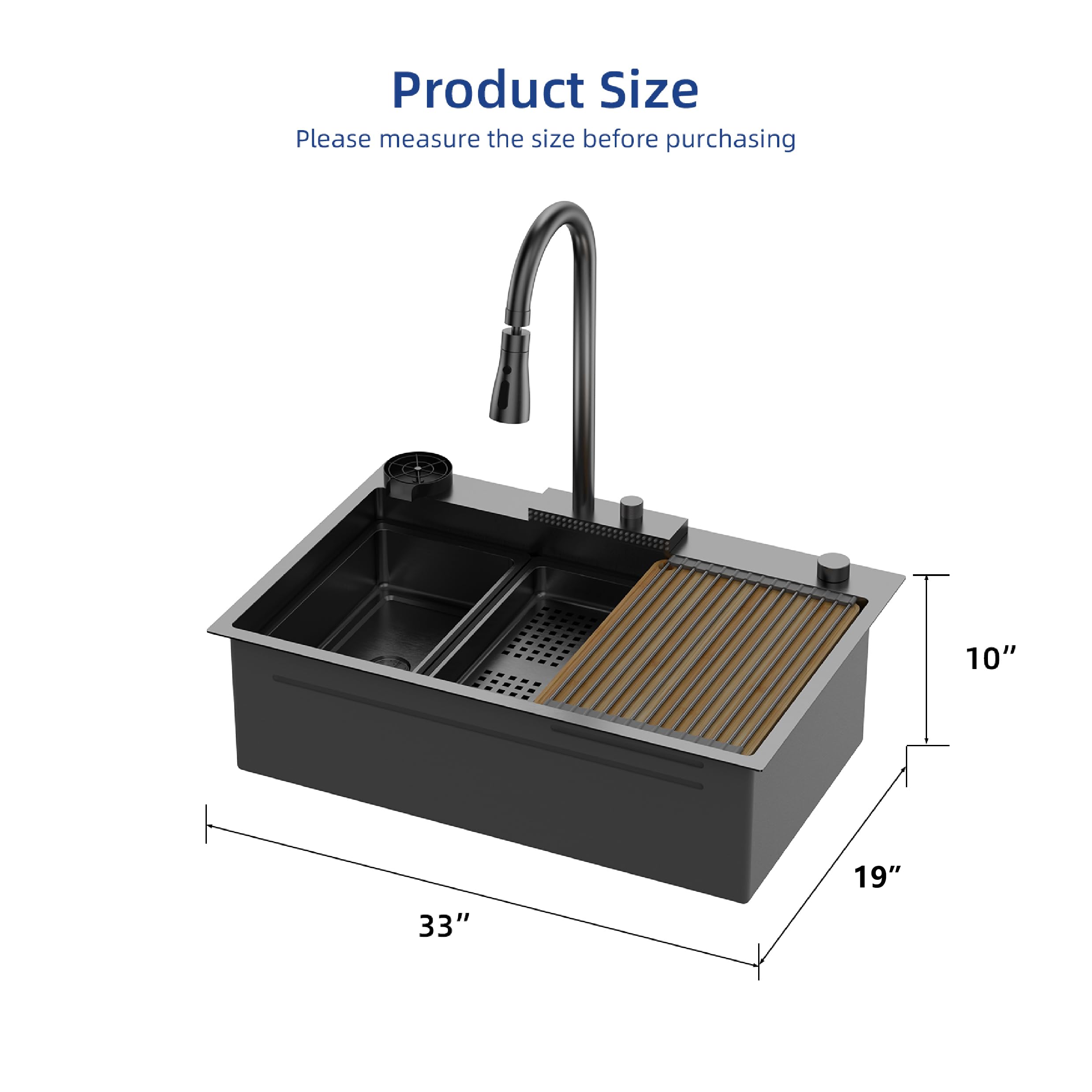 ROVSUN 33" x 19" Drop-in Waterfall Kitchen Sink with Left Drain Black