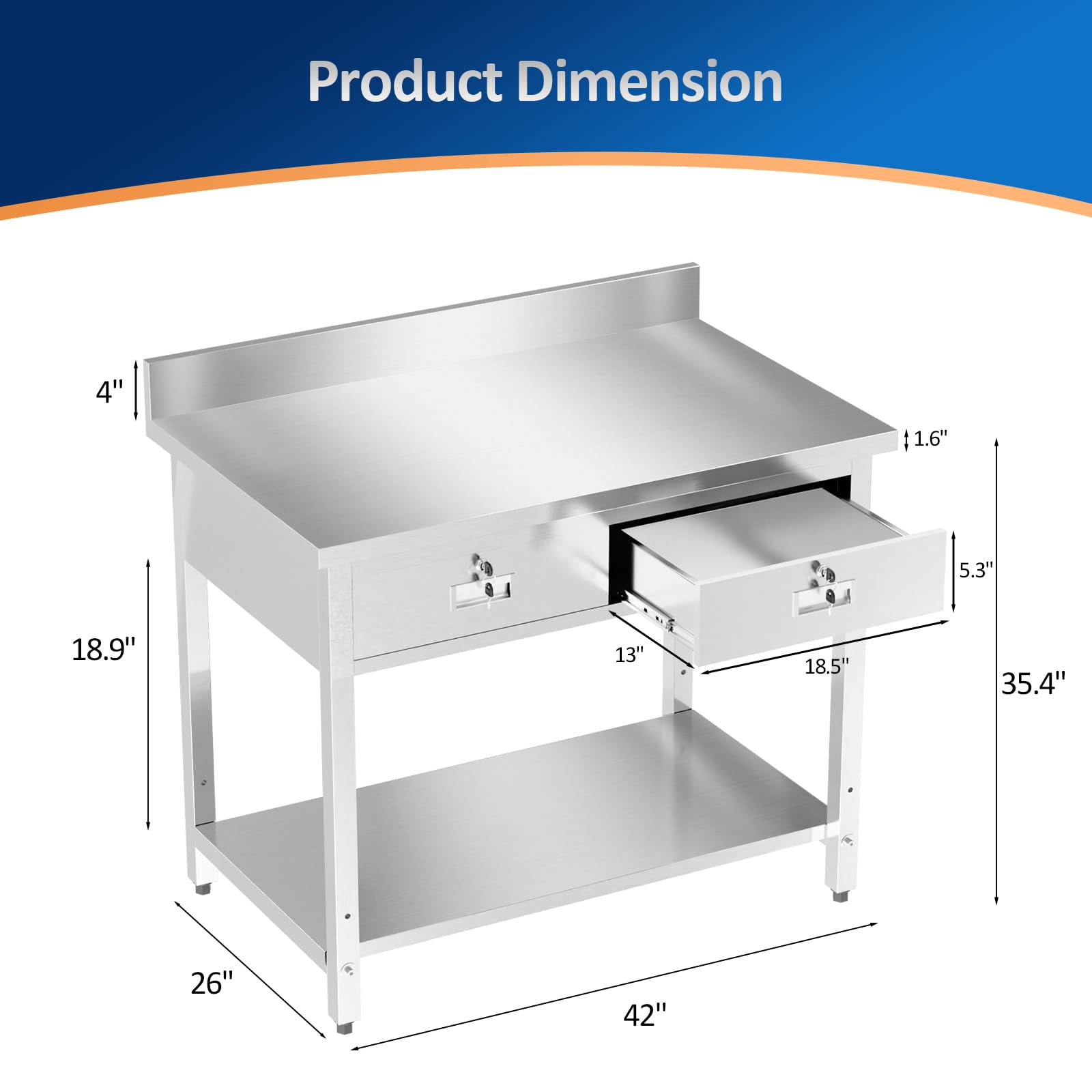 ROVSUN 42" x 26" Stainless Steel Kitchen Work Table with 2 Drawers
