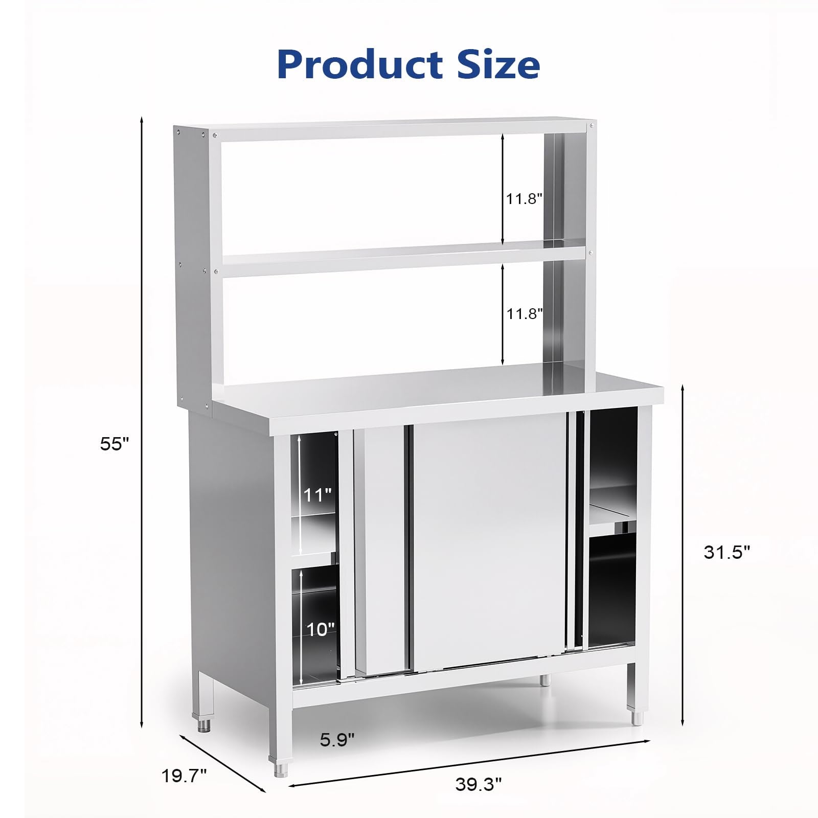 ROVSUN 39" x 19" Stainless Steel Table with Cabinet & Overshelves