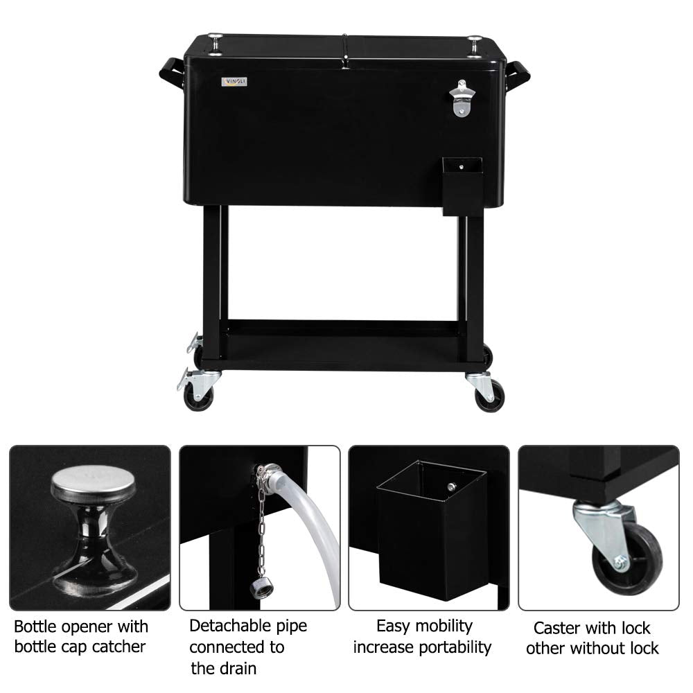 80 Quart Portable Outdoor Patio Rolling Cooler Cart Black