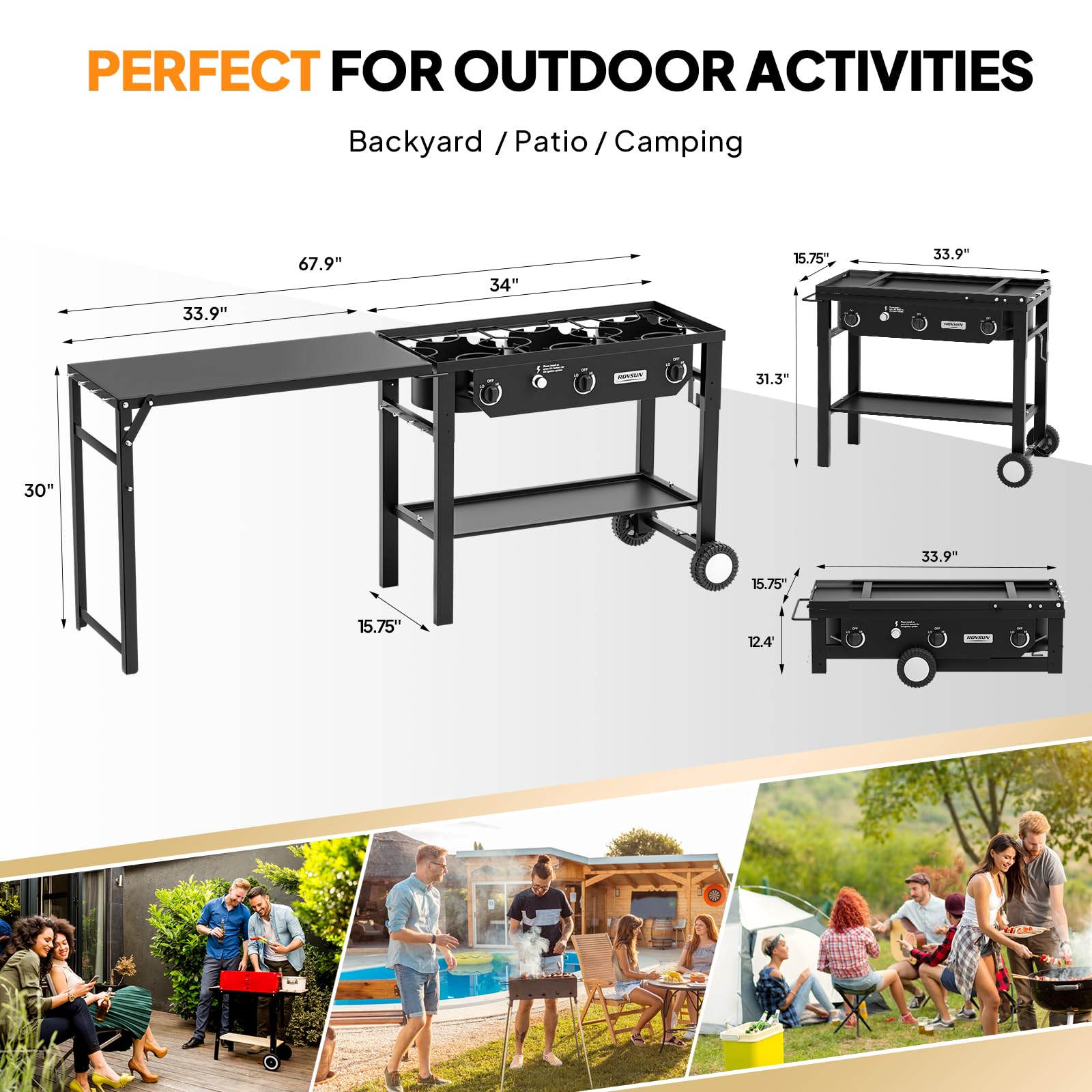 ROVSUN 3-Burner 225000 BTU Outdoor Camping Propane Stove with Foldable Work Station