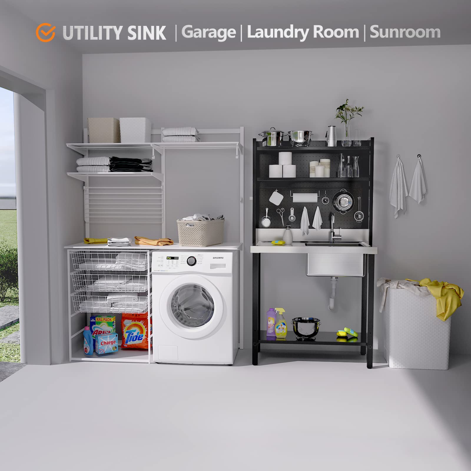 ROVSUN 36" x 21" One Compartment Stainless Steel Sink with Shelves