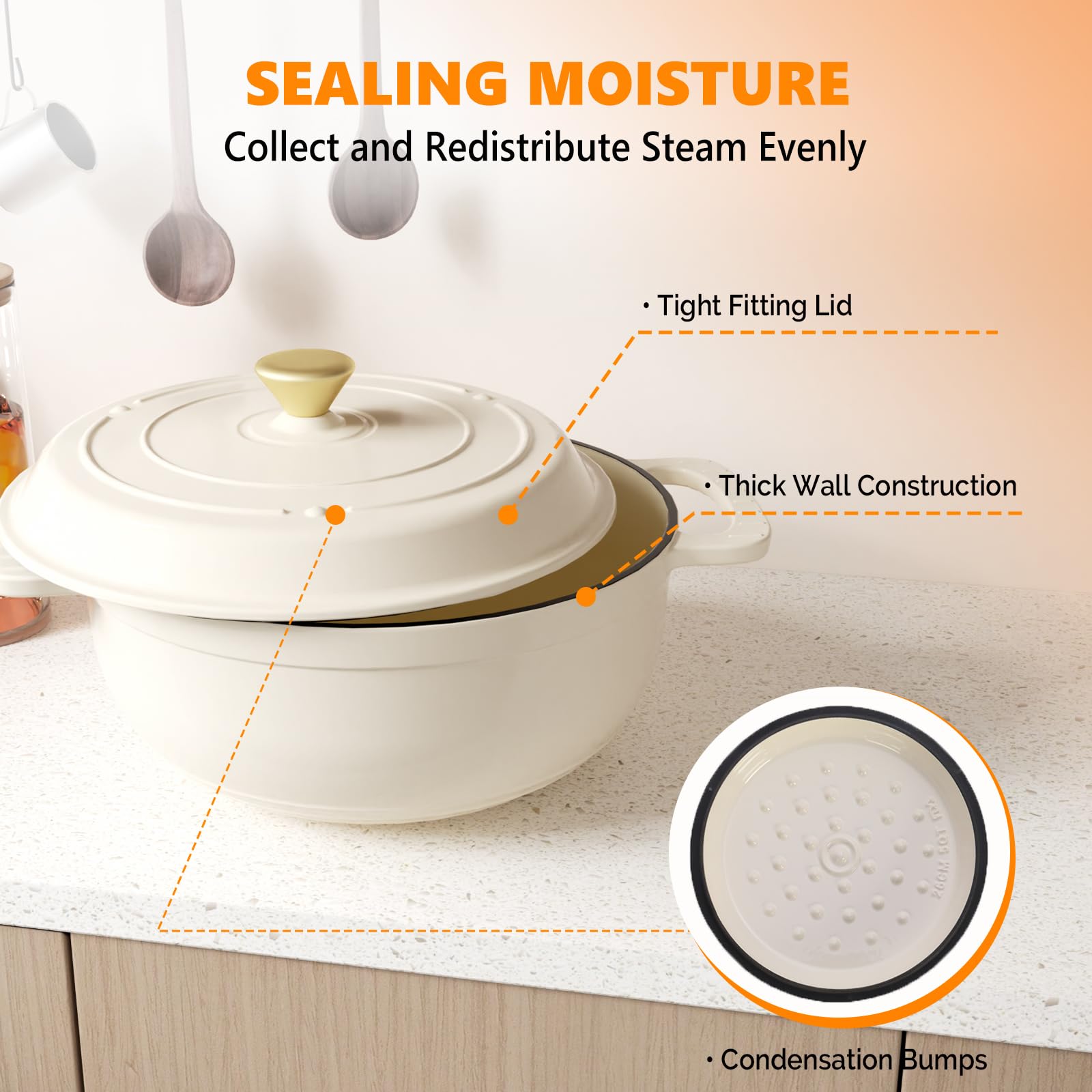 ROVSUN 7.5 QT Enameled Cast Iron Round Dutch Oven Cream White