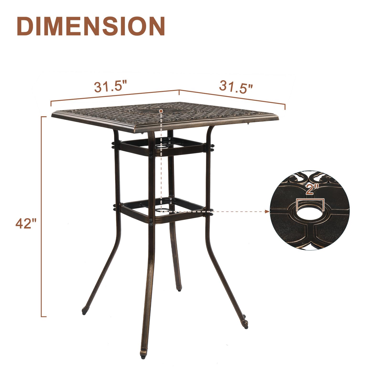 32" Square Outdoor Bar Table with Umbrella Hole Bronze