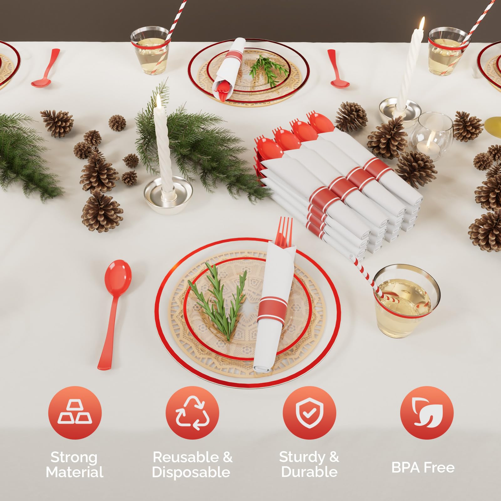 ROVSUN 400 Pieces Pre Rolled Napkins Red Disposable Plastic Dinnerware Set for 50 Guests