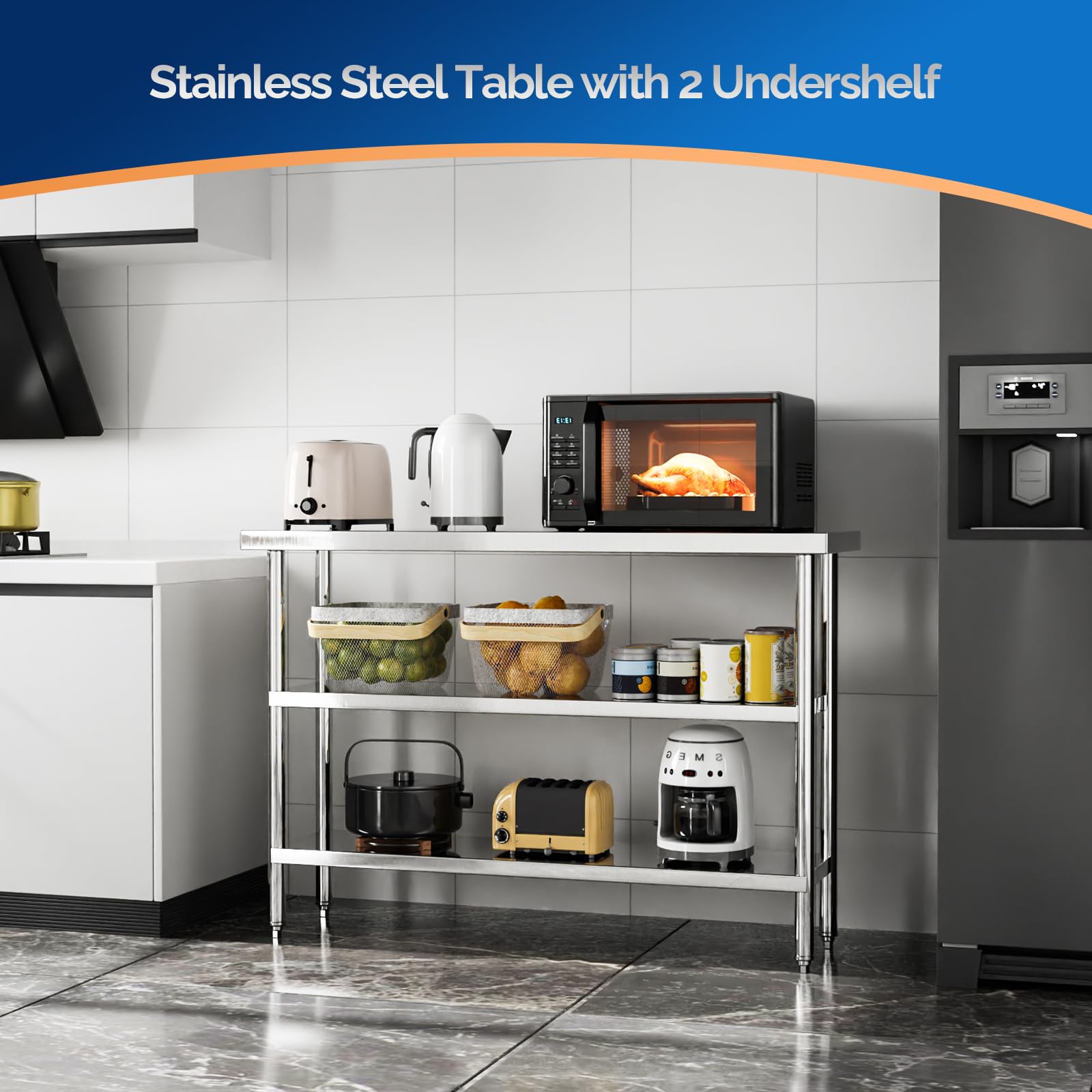 ROVSUN 48" x 14" Stainless Steel Table with 2 Shelves