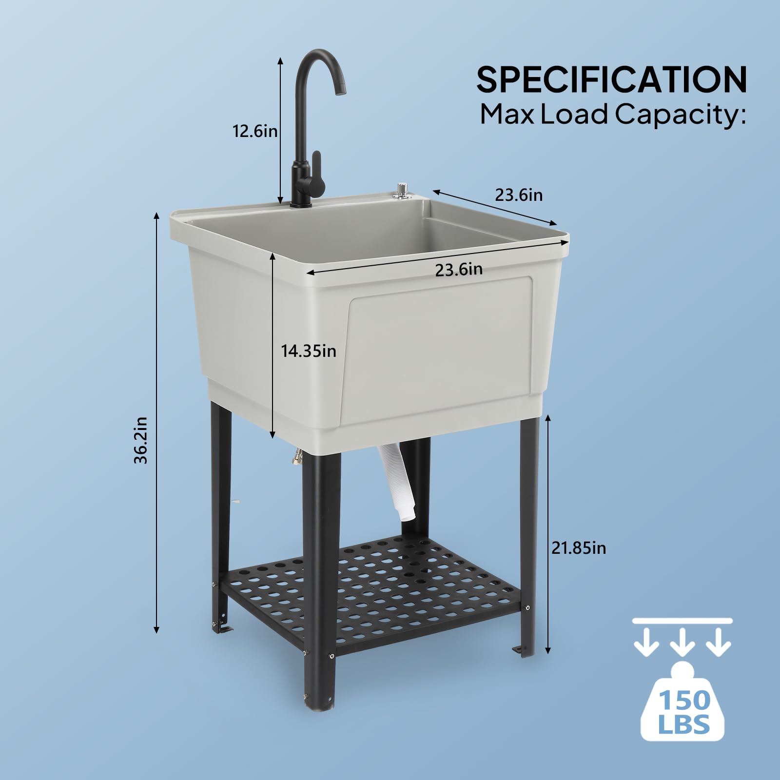 ROVSUN 24" X 24" Plastic Utility Sink with Faucet & Storage Shelf Gray