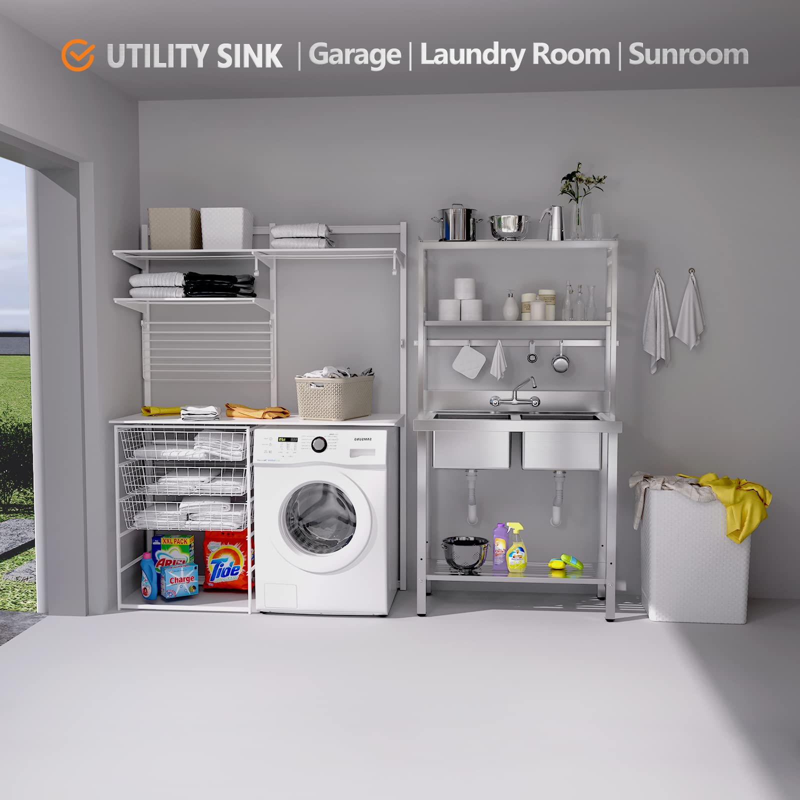 ROVSUN 36" x 21" Two Compartment Stainless Steel Sink with Shelves