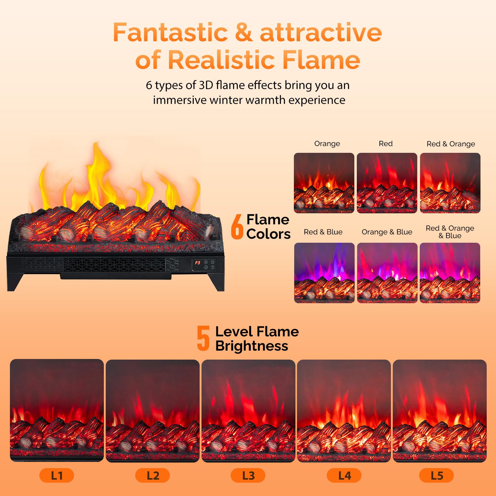 ROVSUN 26" Wide 1400W 120V Electric Fireplace Insert Log with Remote & WiFi Control