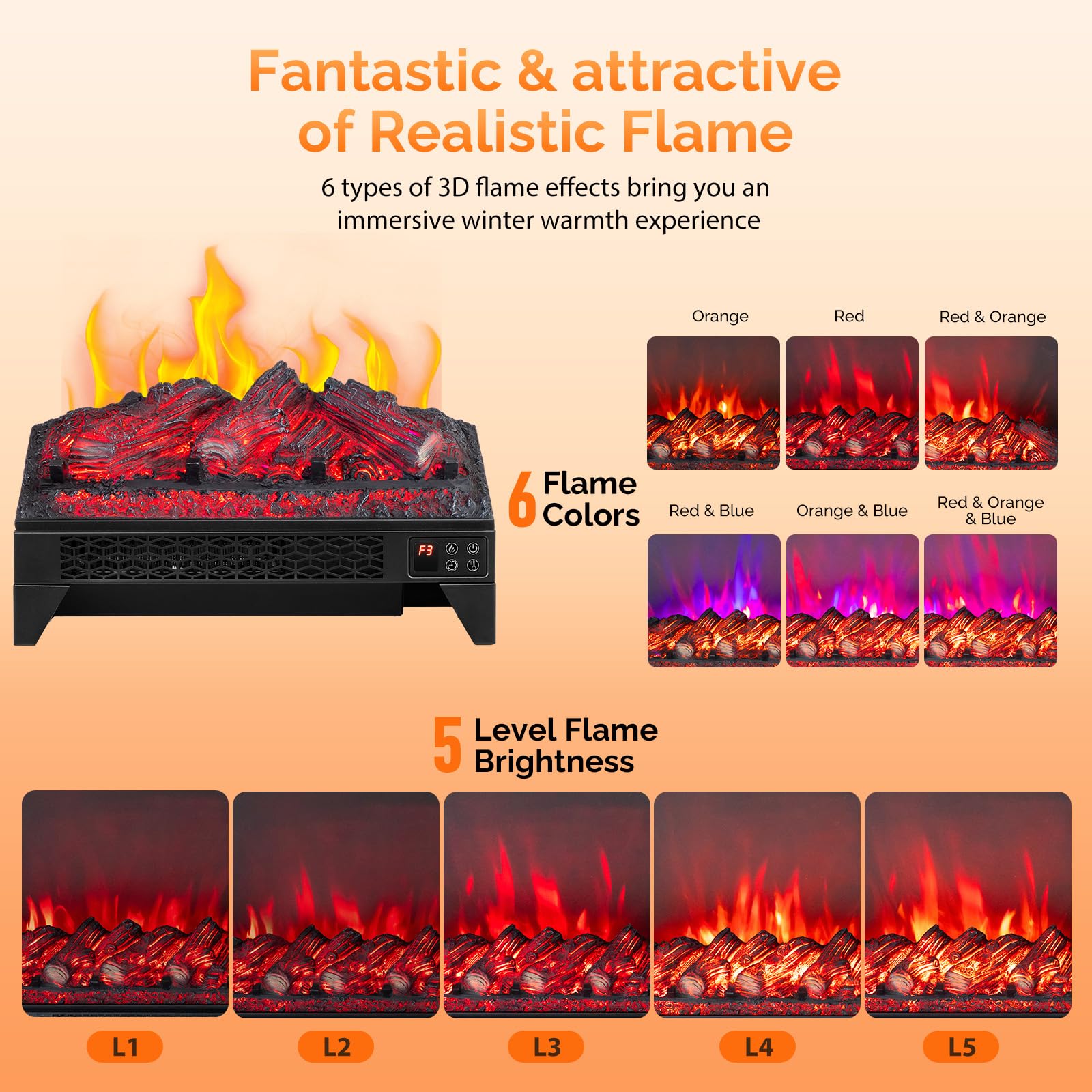 ROVSUN 18" Wide 1400W 120V Electric Fireplace Insert Log with Remote & WiFi Control