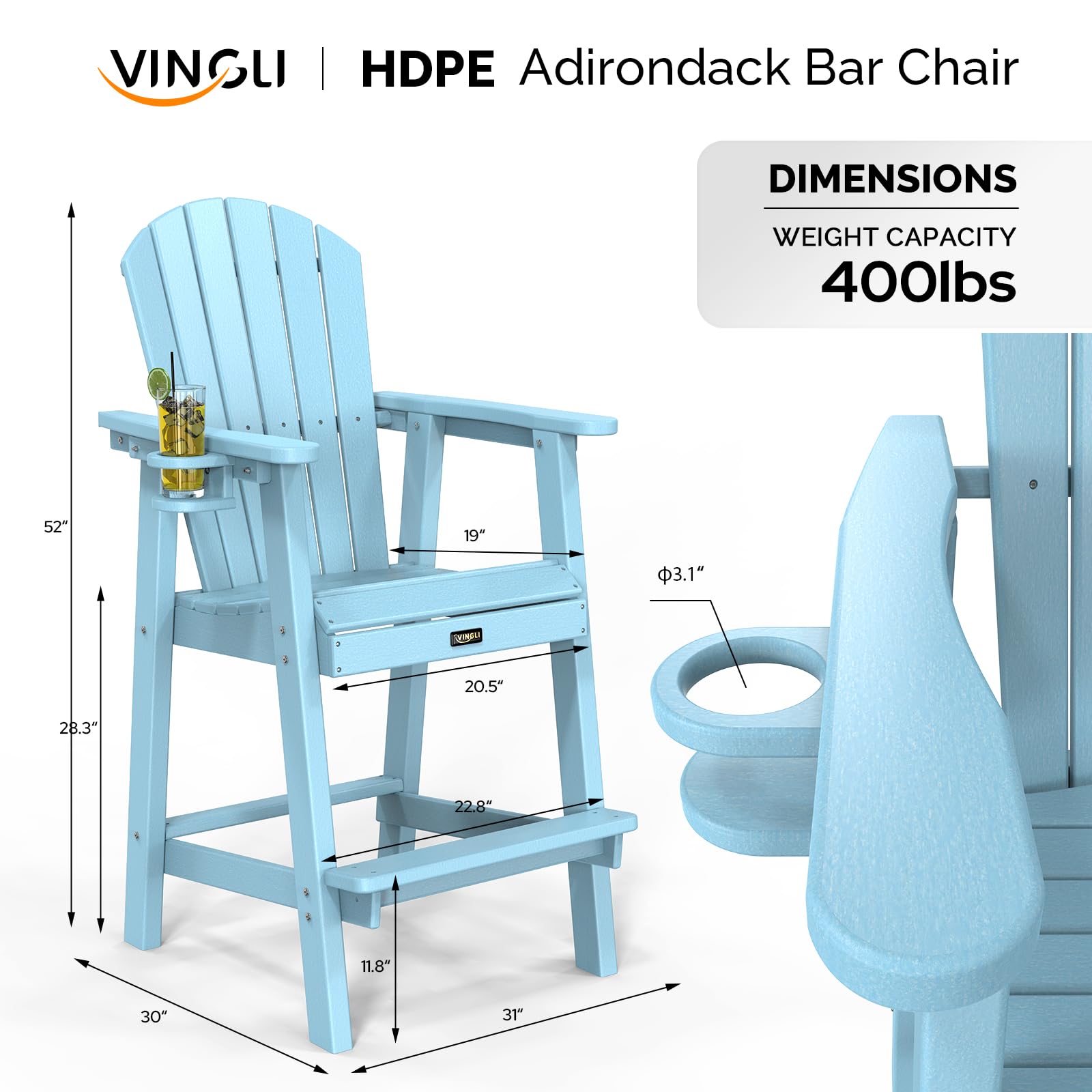 HDPE Adirondack Bar Stools with Cup Holder Blue