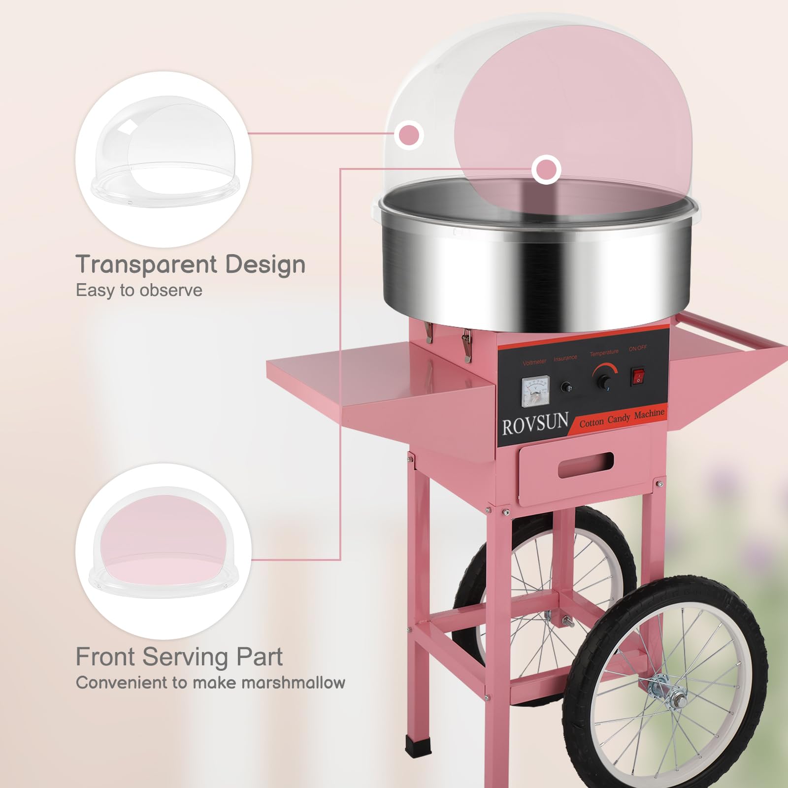 ROVSUN 21" 980W 110V Cotton Candy Machine Cart with Bowl & Cover Pink