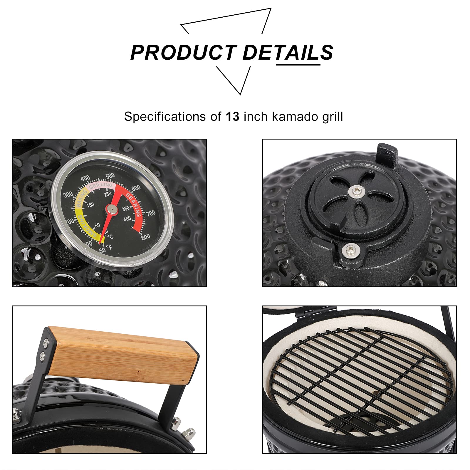 ROVSUN 13" Round Portable Ceramic Grill with Thermometer Black