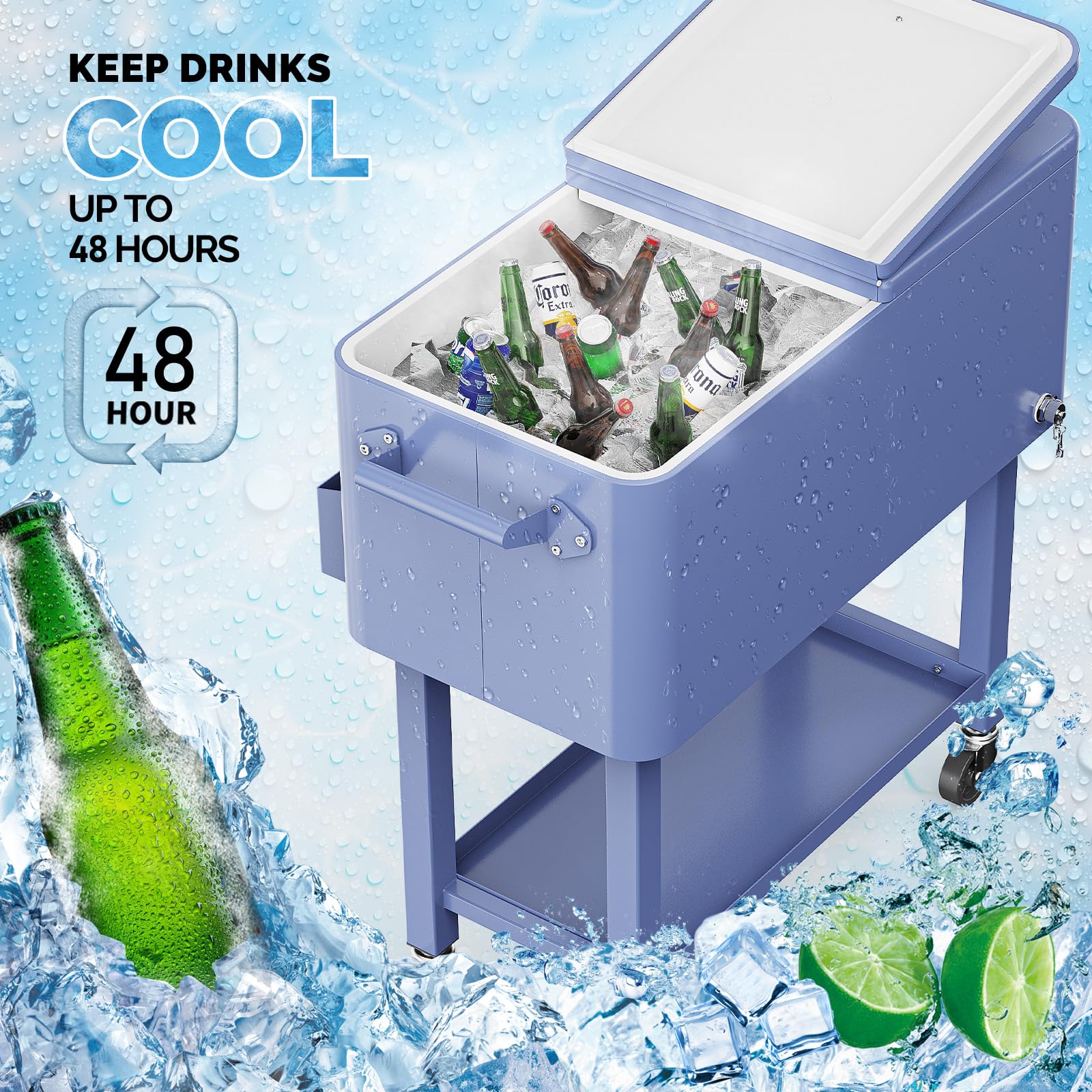 80 Quart Portable Outdoor Patio Rolling Cooler Cart Haze Blue