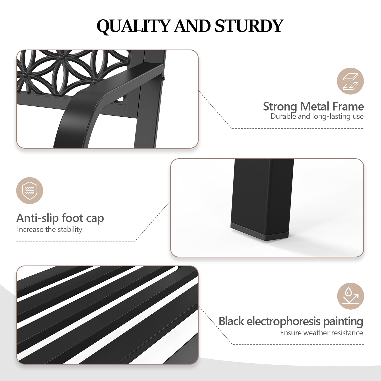 50" Outdoor Bench Metal with Floral Back Black