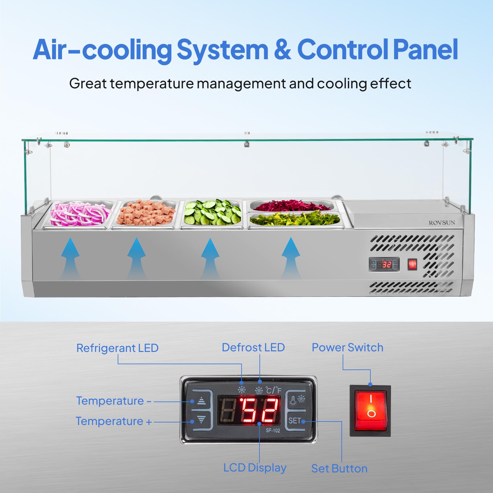 ROVSUN 47" 125W 110V Refrigerated Prep Rail Countertop with Glass Shield