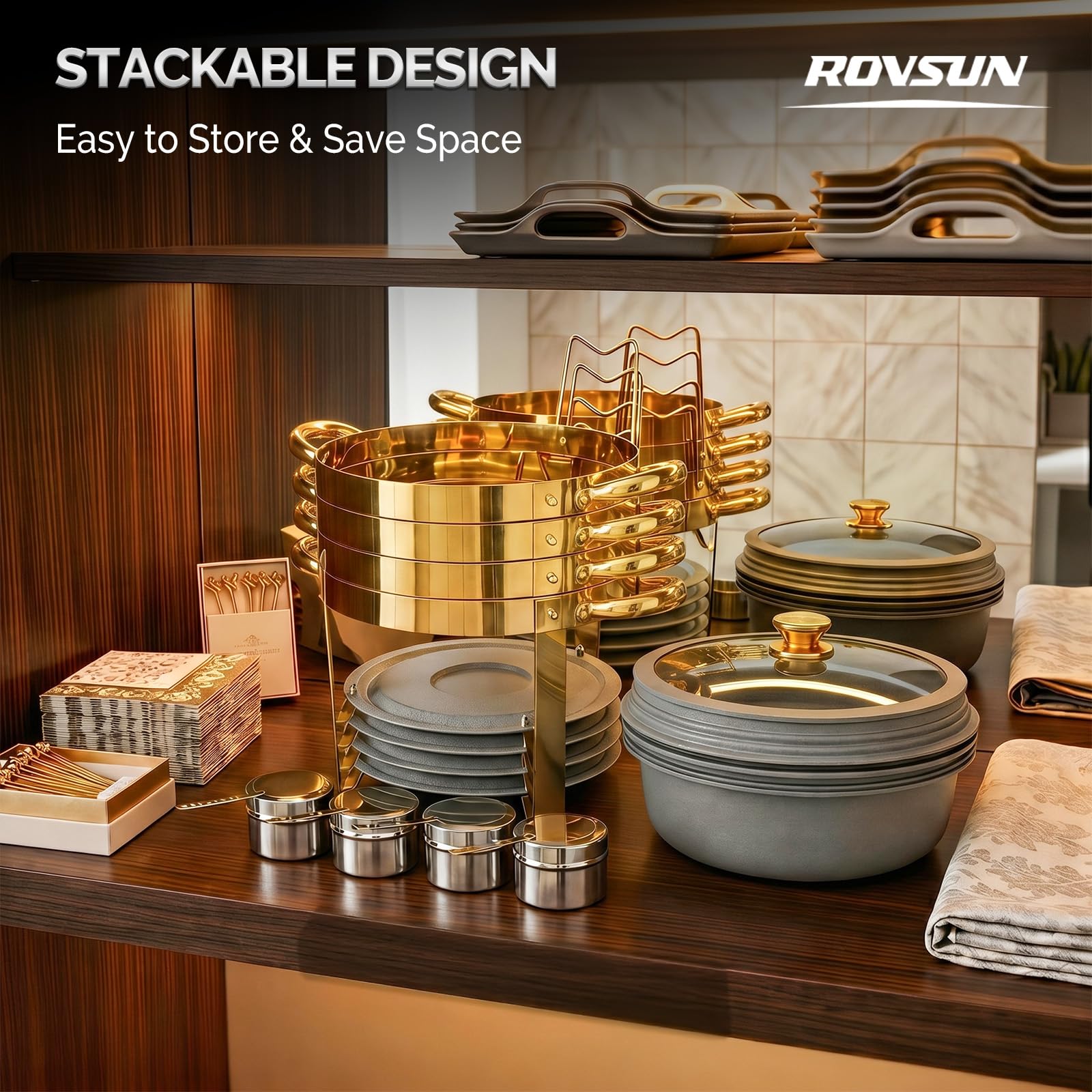 ROVSUN 5 QT Round Gray-Gold Chafing Dish Buffet Set with Lid Holder