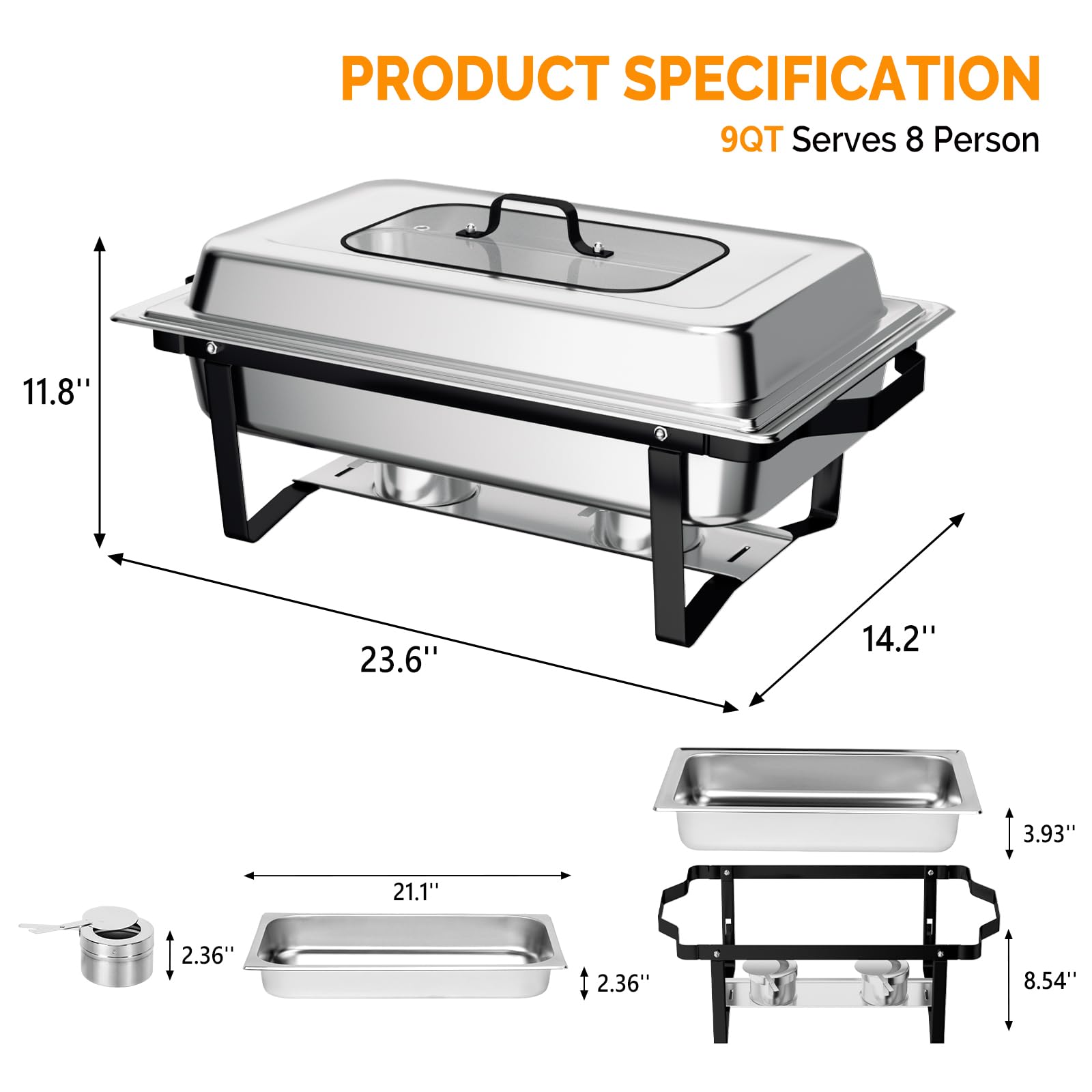 ROVSUN 9 QT Black-Silver Chafing Dish Buffet Set with Glass Lid & Folding Frame