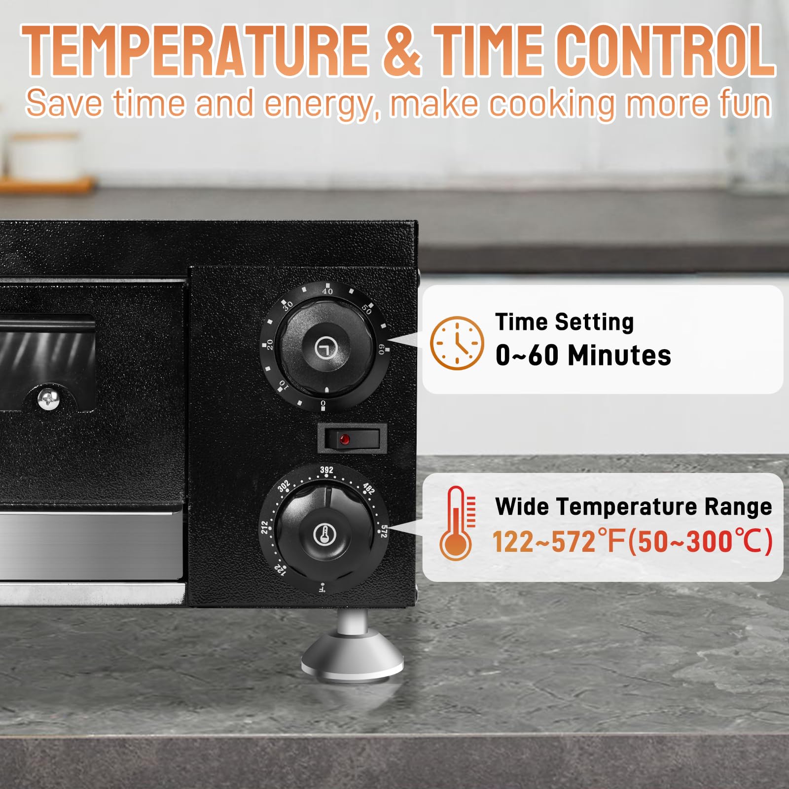 12" 1100W 110V Single Deck Pizza Oven with Visible Window Black