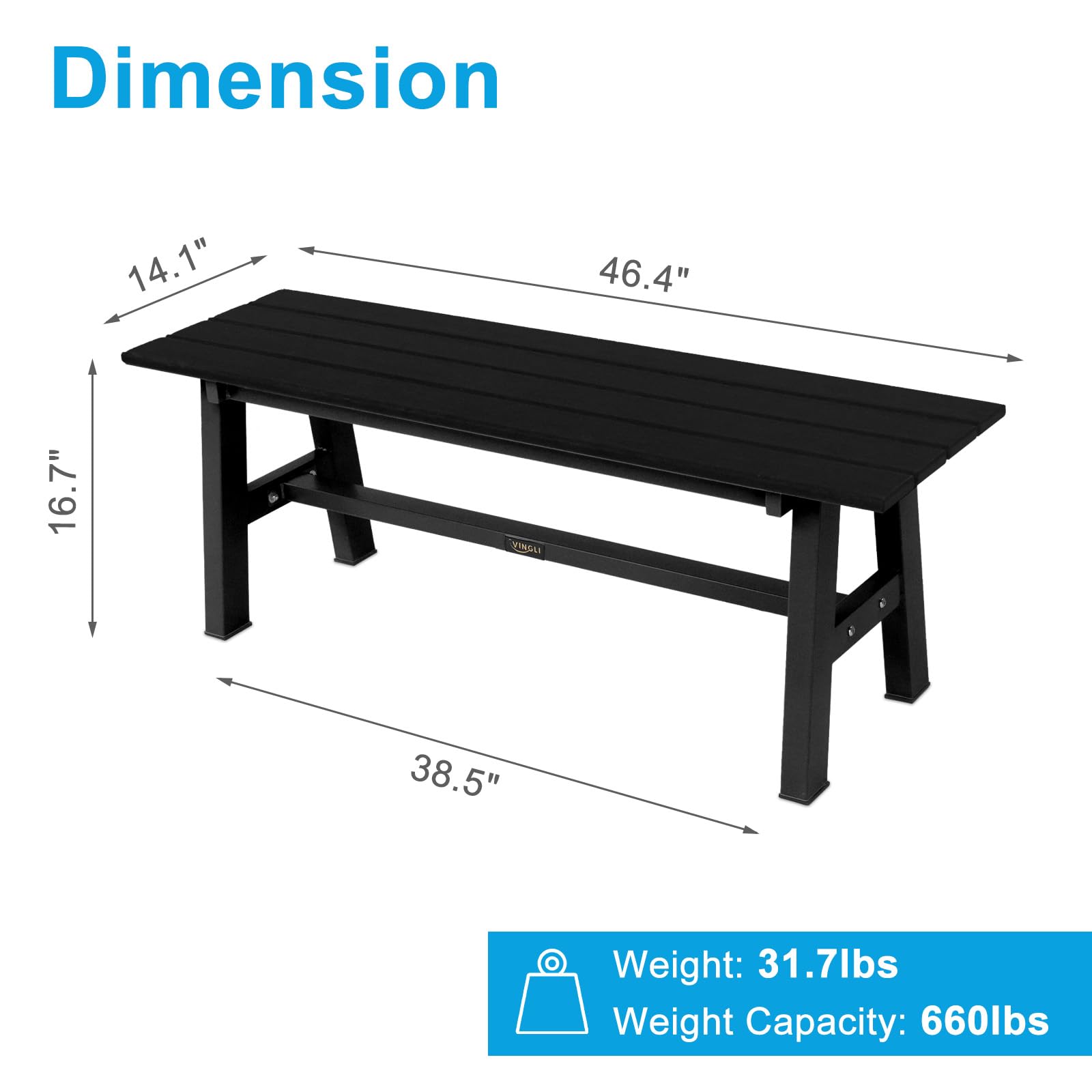 47" HDPE Outdoor Bench with Metal Legs Black