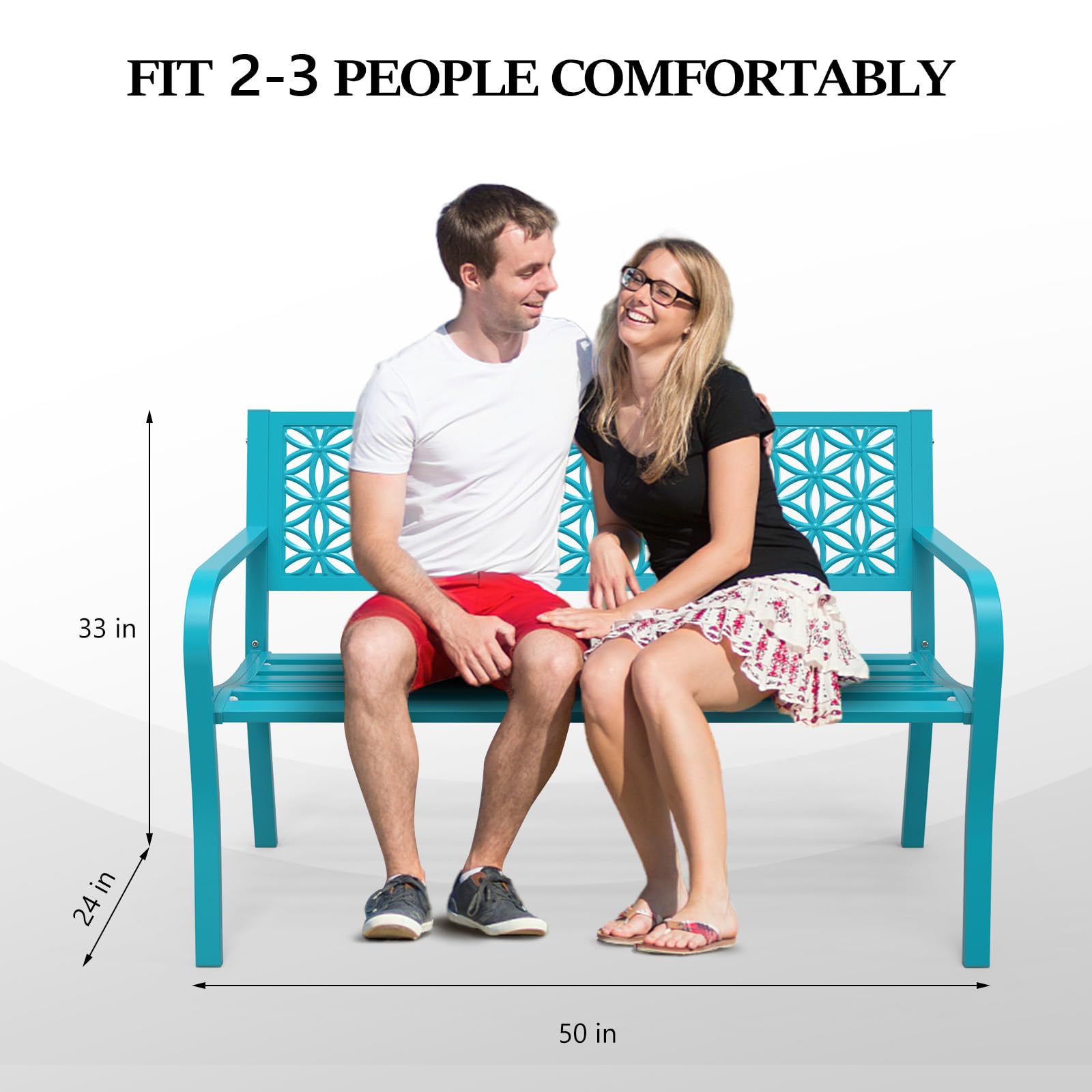 50" Outdoor Bench Metal with Floral Back Blue