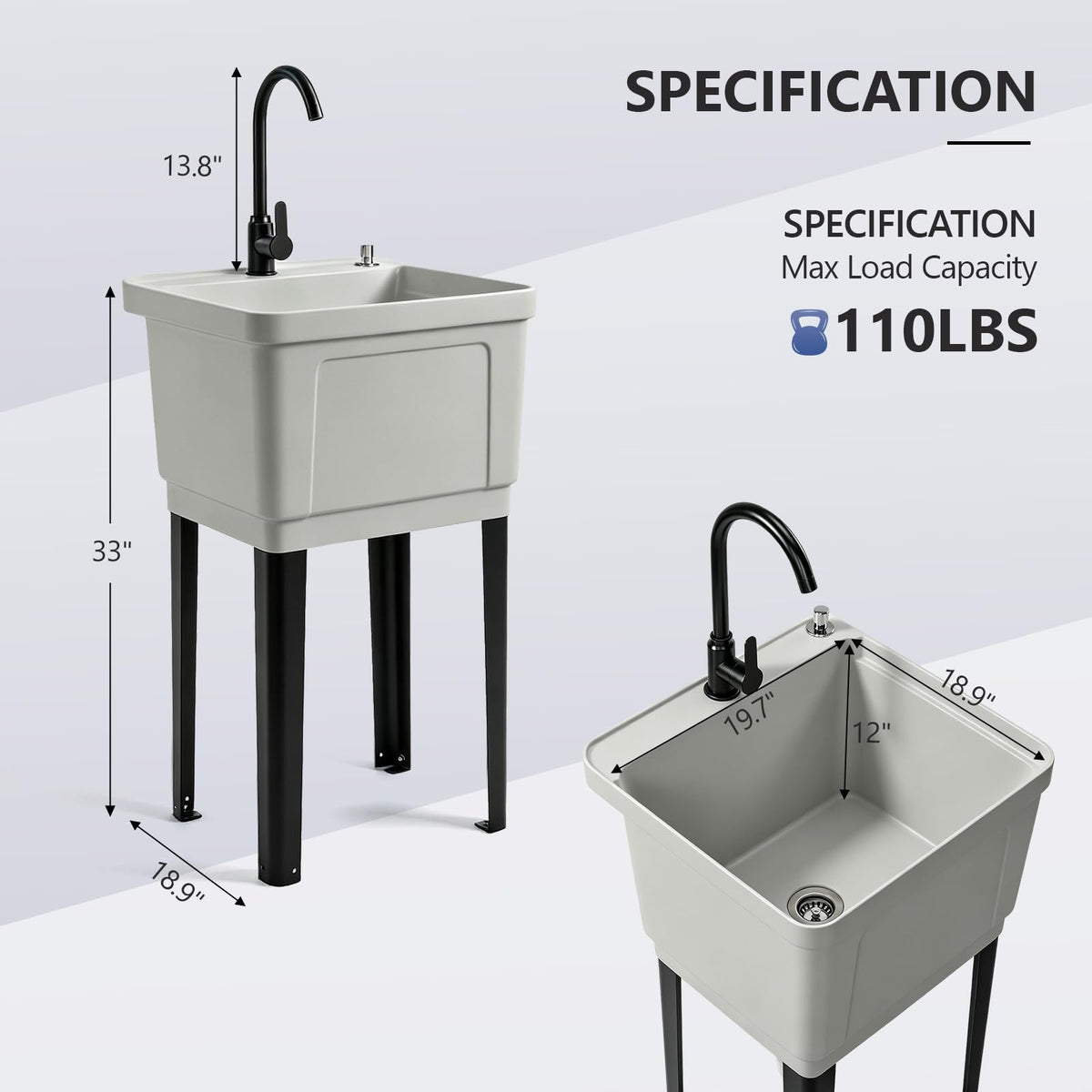 ROVSUN 20" X 19" Plastic Utility Sink Freestanding with Faucet Gray