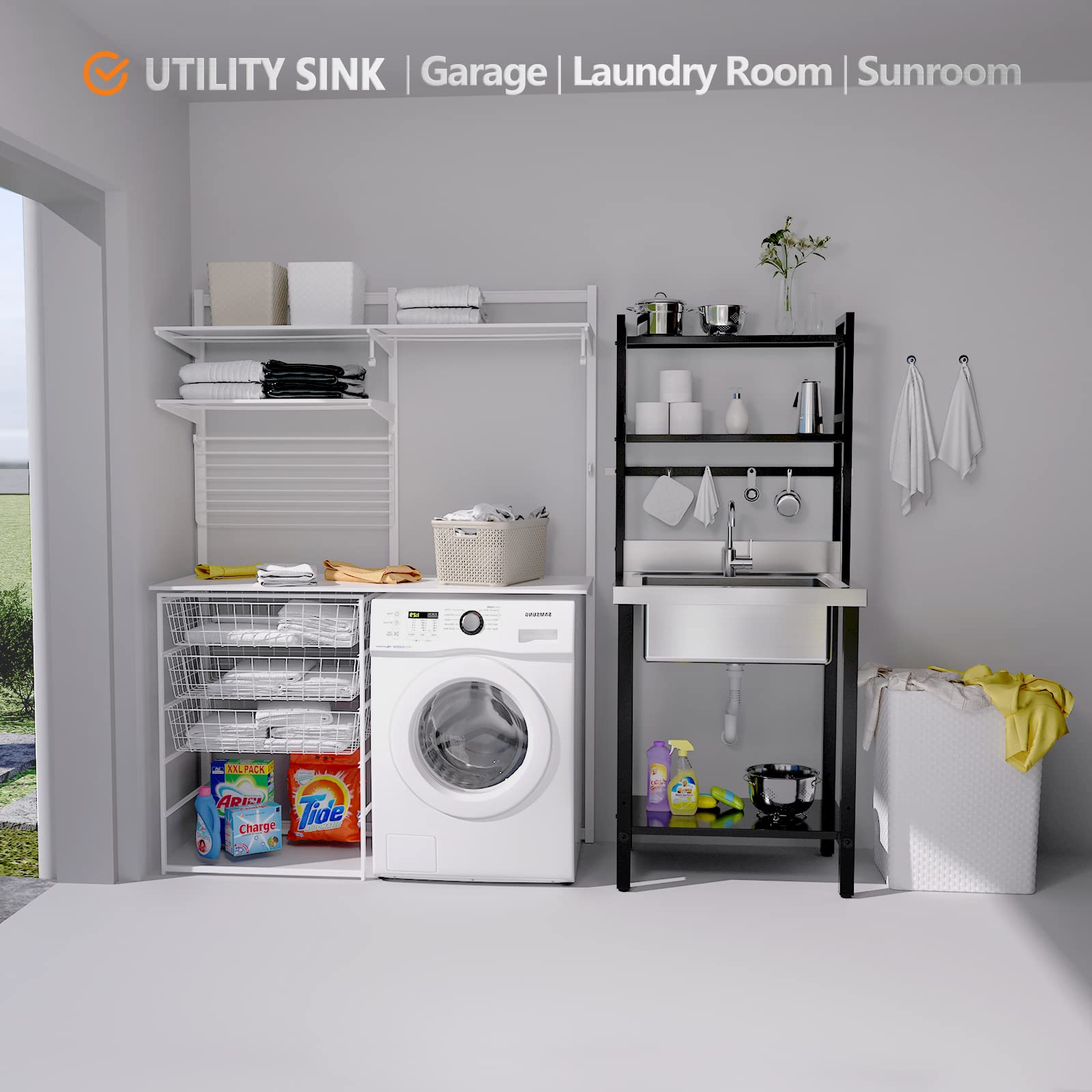 ROVSUN 28" x 24" One Compartment Stainless Steel Sink with Shelves