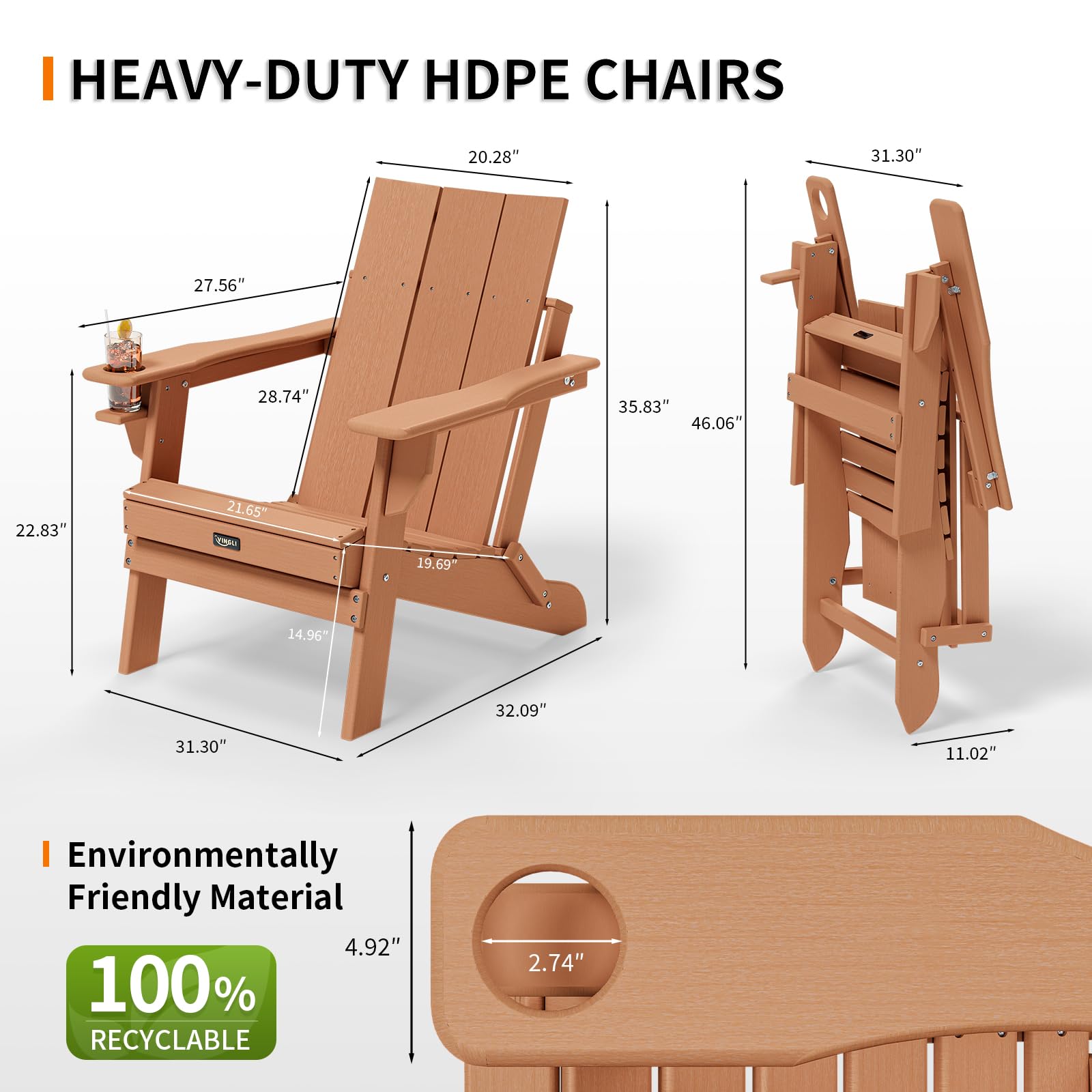 Oversized Plastic Folding HDPE Adirondack Chairs with Cup Holder Teak
