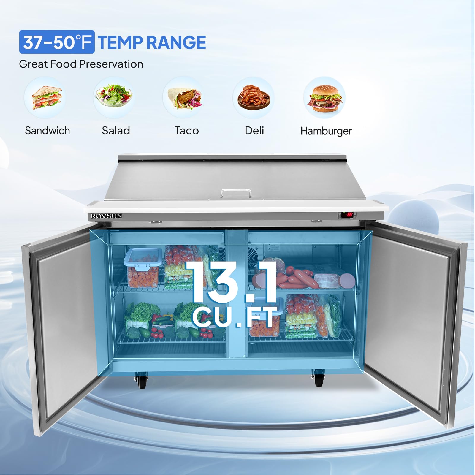 ROVSUN 48" 13.1 Cu.Ft. 320W 115V Silver Refrigerated Salad Sandwich Prep Table