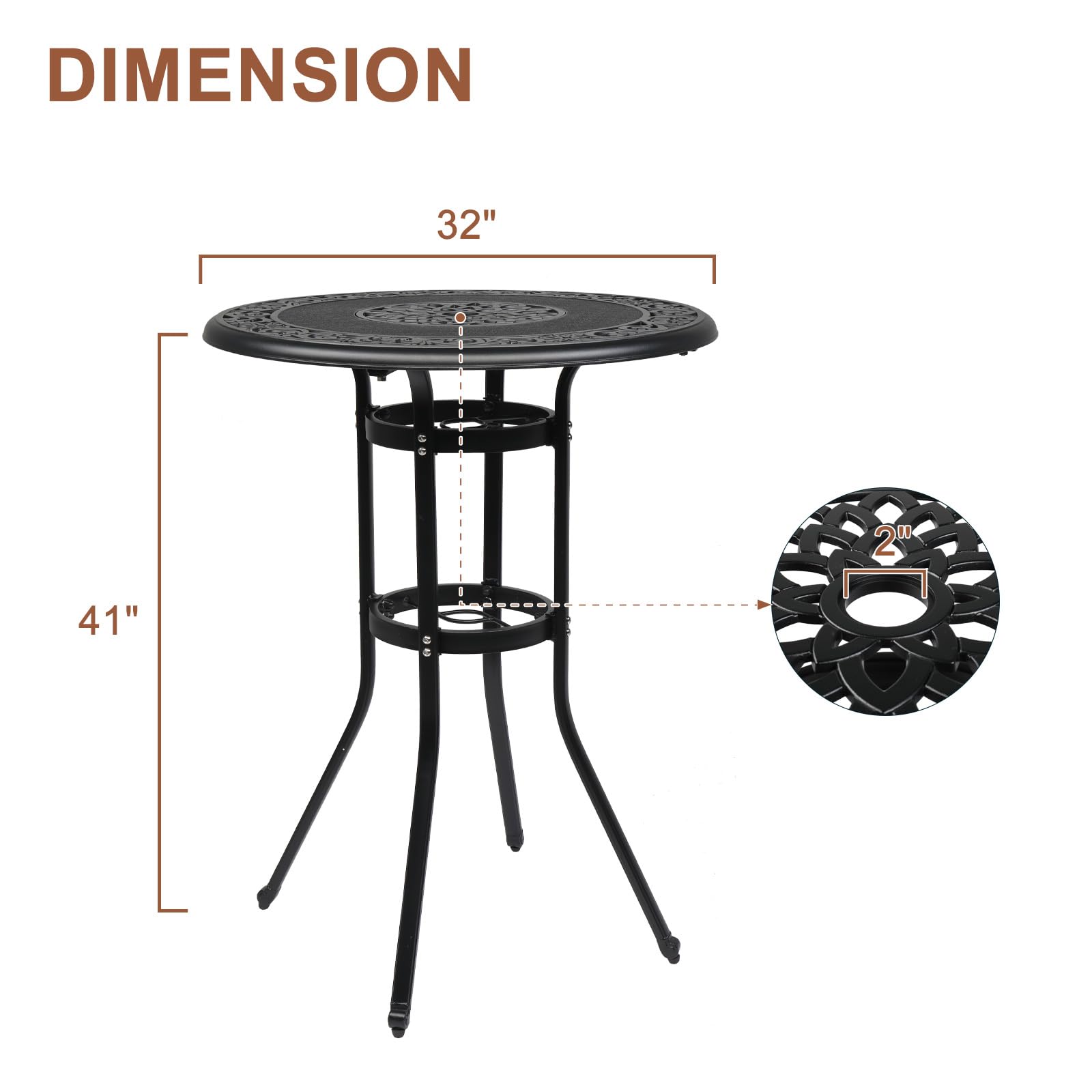 32" Round Outdoor Bar Table with Umbrella Hole Black